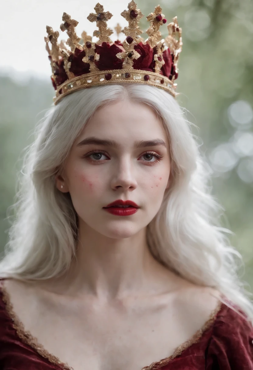 (((a deep reddish wound crosses her left cheek))) fair complexion, woman around 19 years old, white hair, stand with her crown looking at viewer