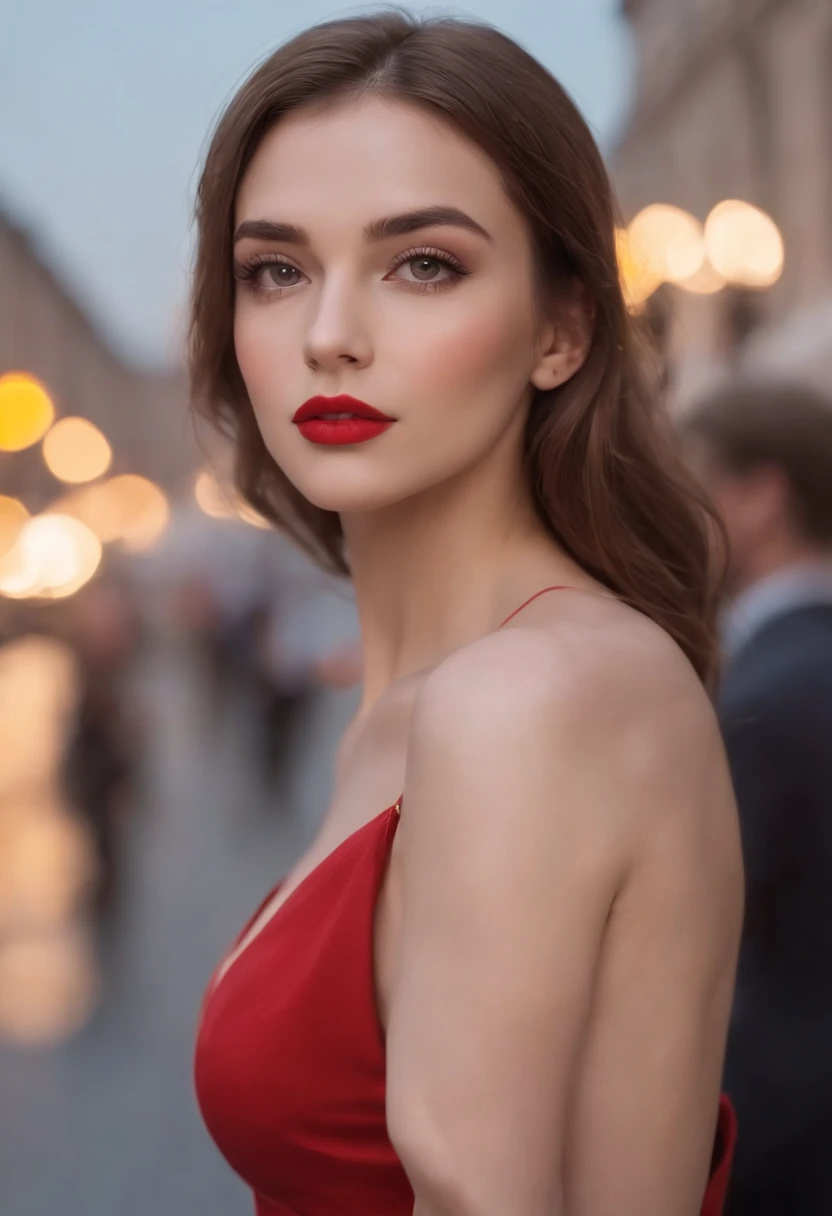 masterpiece, Best Quality, Photorealistic, Ultra-detailed, finely detail, hight resolution, 8k wallpaper, RAW color photo, Professional, high level of detail, Beautiful brunette woman, (detailed brown eyeoco nítido, awardwinning photo, ((Facing the front)), ((Look at viewers)), Small light, Low contrast, Facial symmetry, depth of fields, Cinematic background in road, central image, Lights up softly, (finely detailed skin), pale skin, Realistic skin texture, Extreme skin details, (pores: 0.1), red dress, small bust with good shape, , slim figure, Hourglass body shape