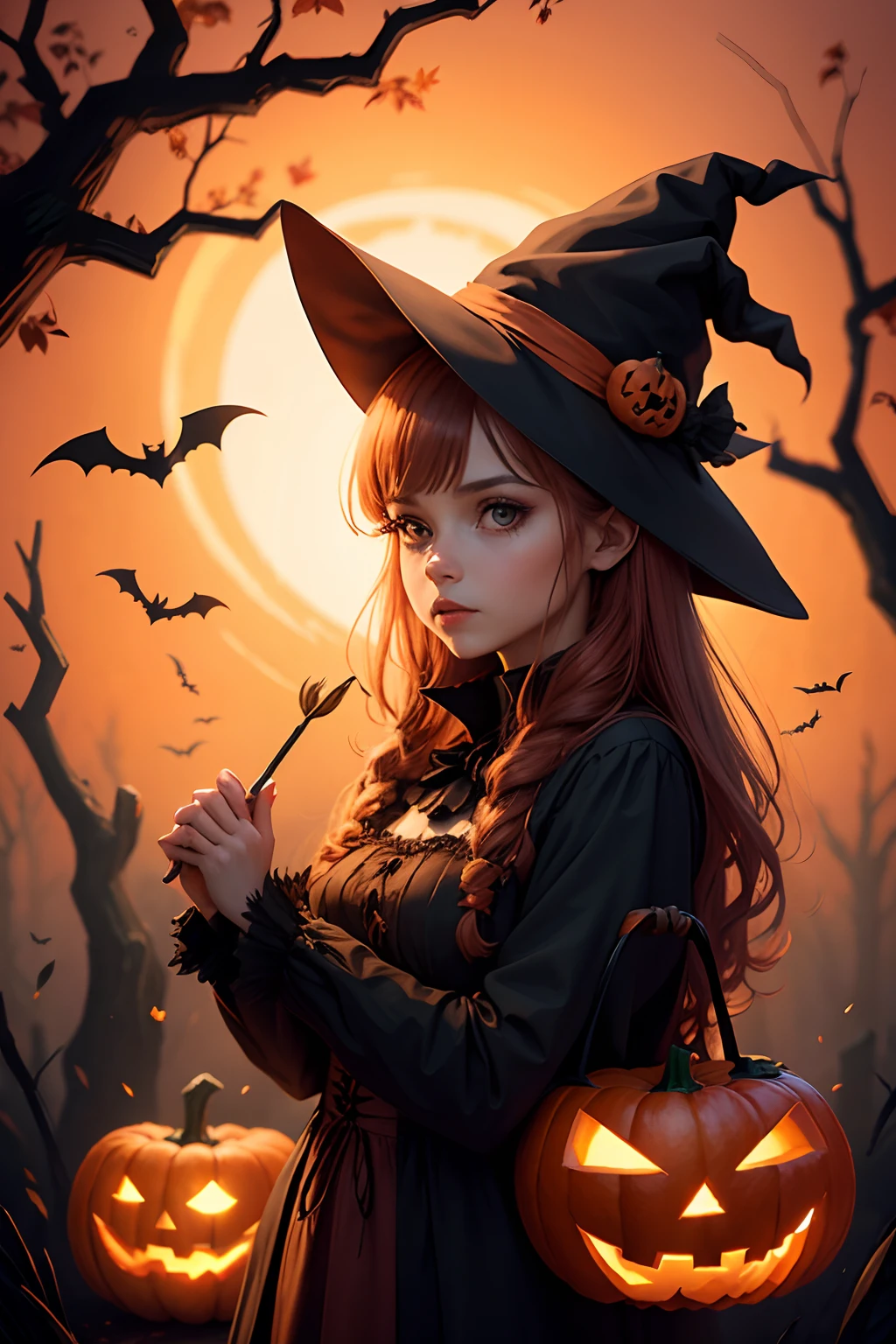 halloween pumpkin witch hat horror tree cat