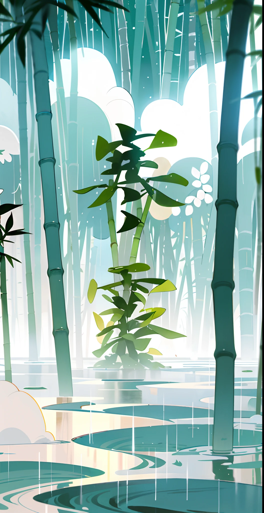 Masterpiece, 8K，Best quality, Studio lighting,White wildflowers，Cloudy, dense fog，Small rivers, bamboo forrest,  rain, lighting