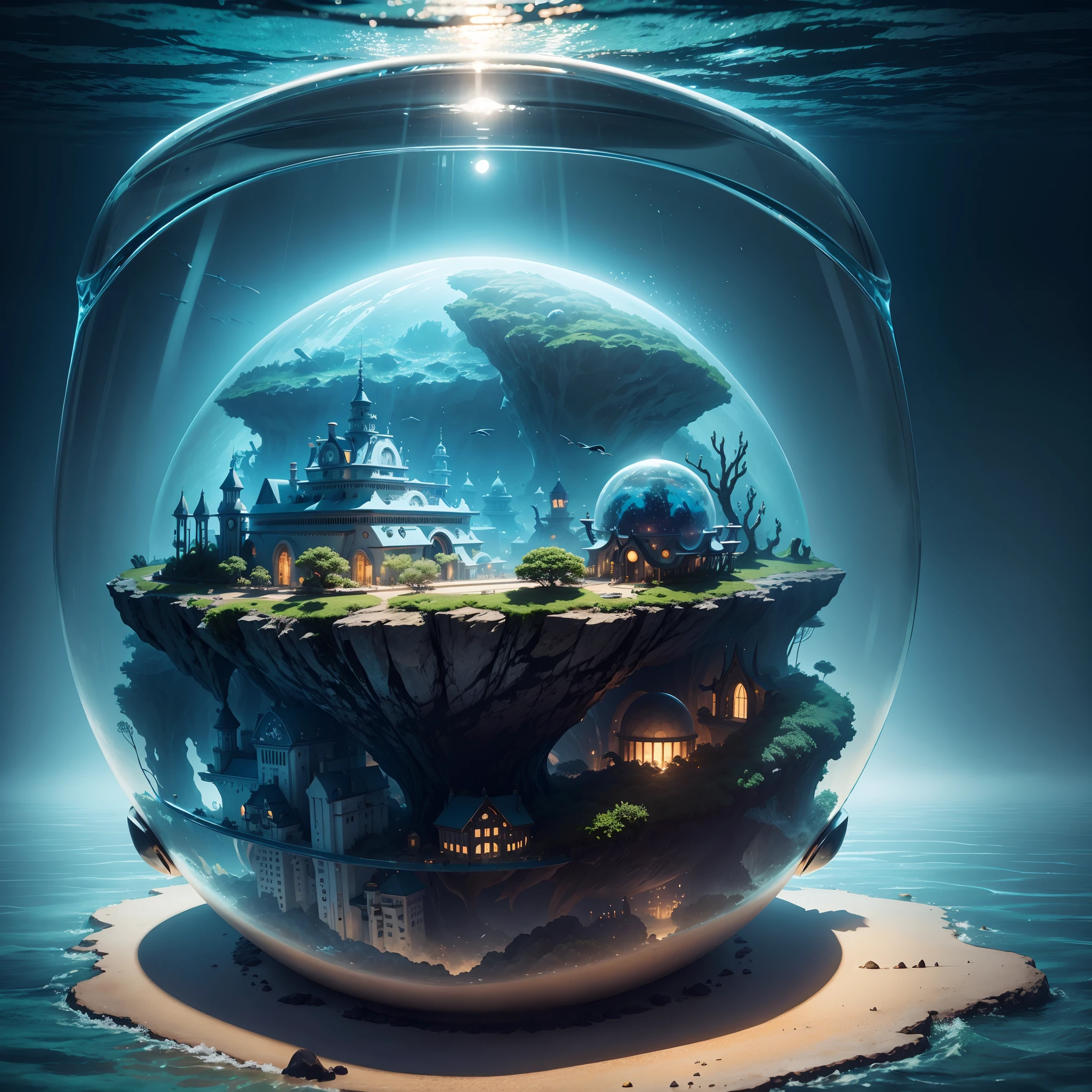 (Undersea city),(Marine life),Transparent fog,The hemispherical shape looks down from the sky,fanciful,Artistically,