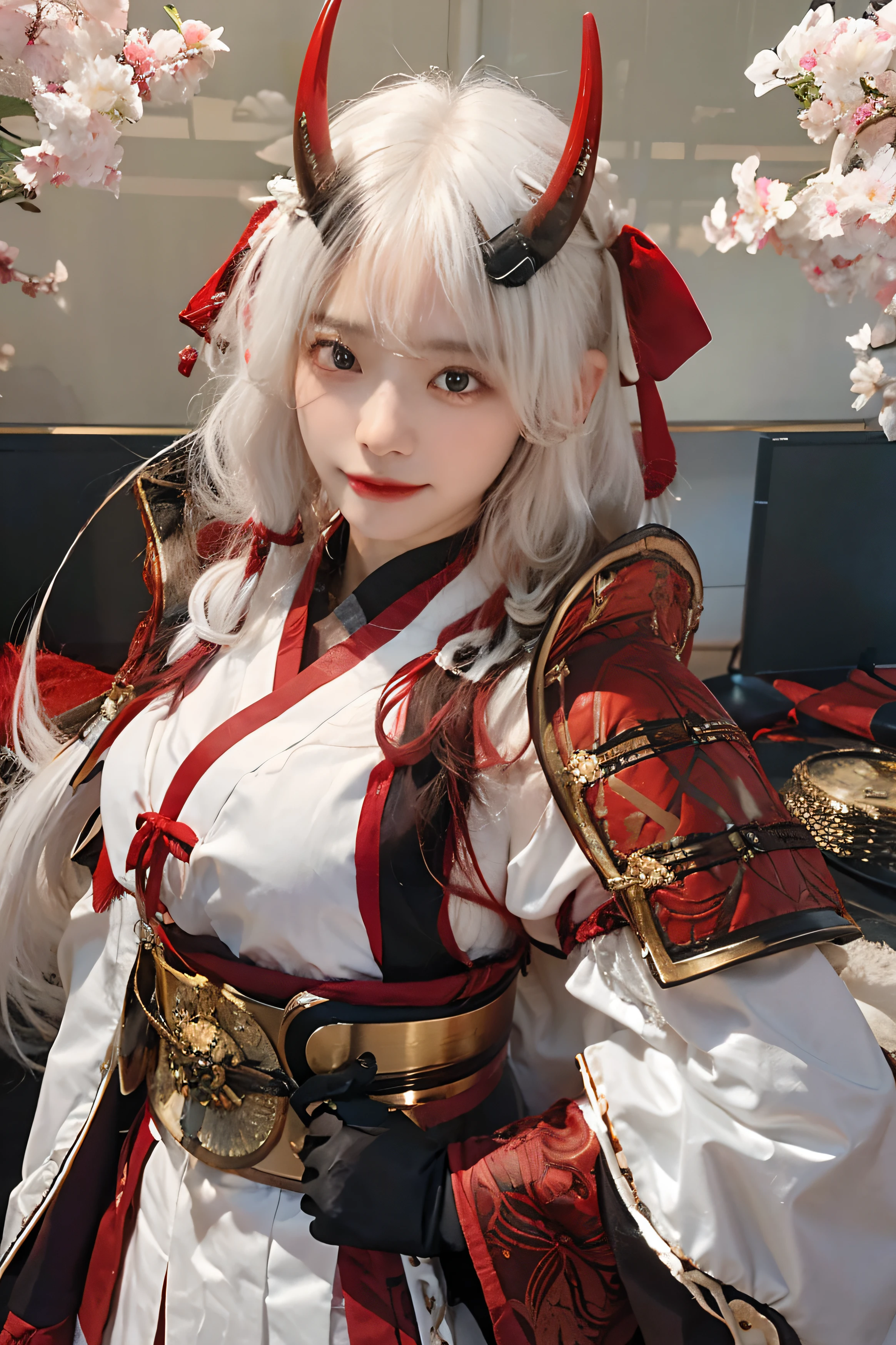 1girl, tomoe gozen, oni horn, long hair, white hair, realistic, ultra detail, 8k, 70mm lens
