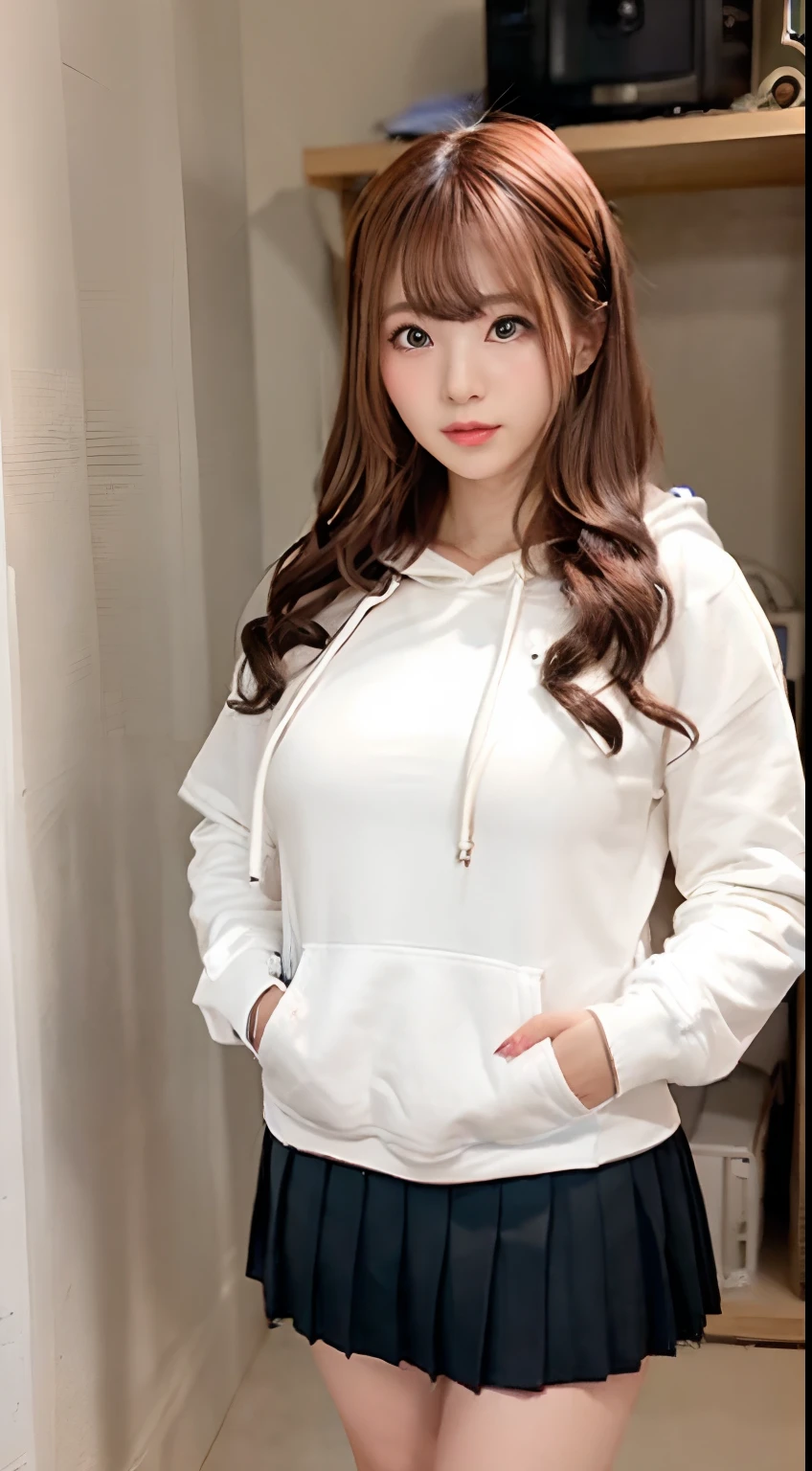 Cute one girl in Korean style with big breasts in white hoodie and black pleated skirt、Pose with your hands in your pockets、In a cute room