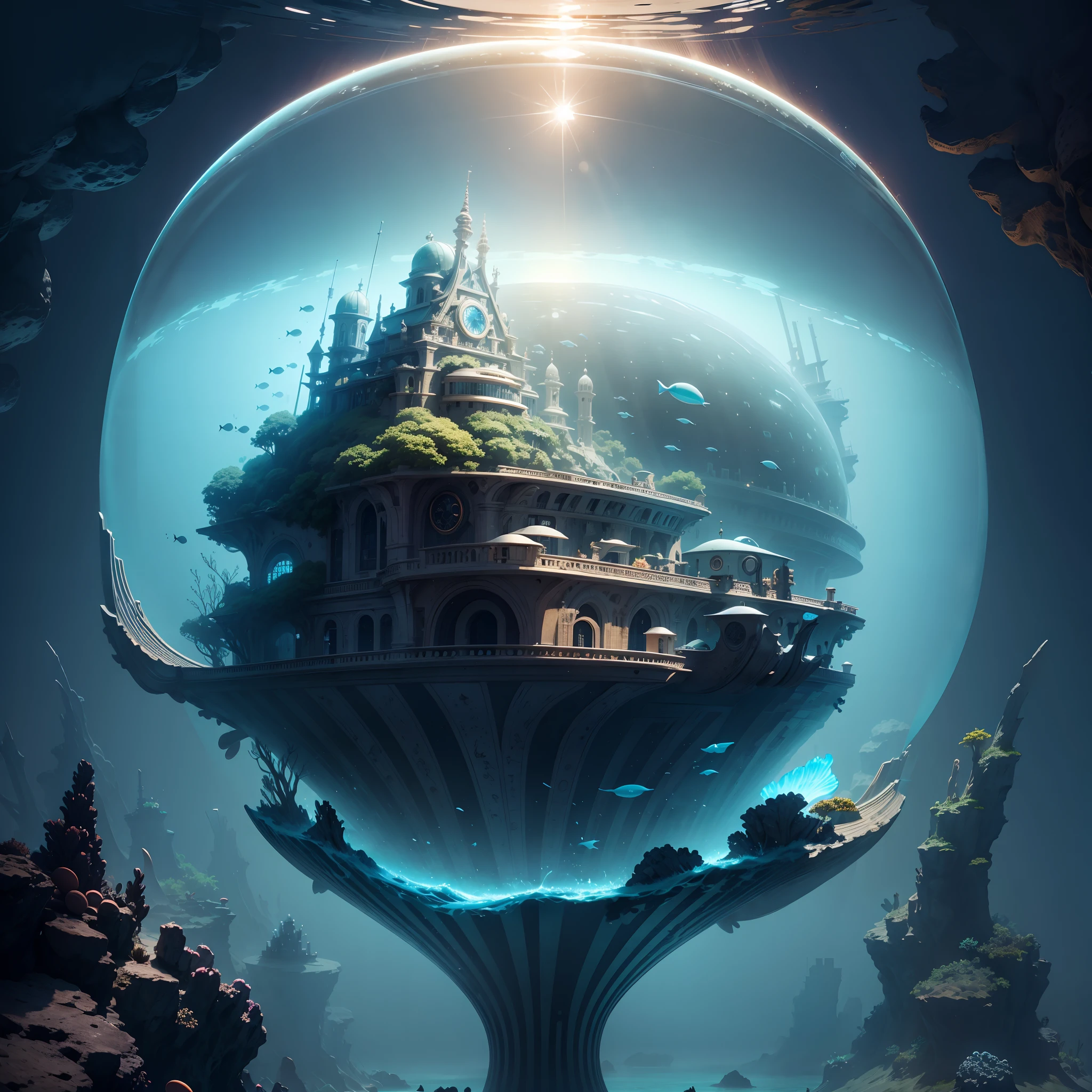 (Undersea city)，(Marine life)，Transparent fog，The hemispherical shape looks down from the sky，fanciful，Artistically，