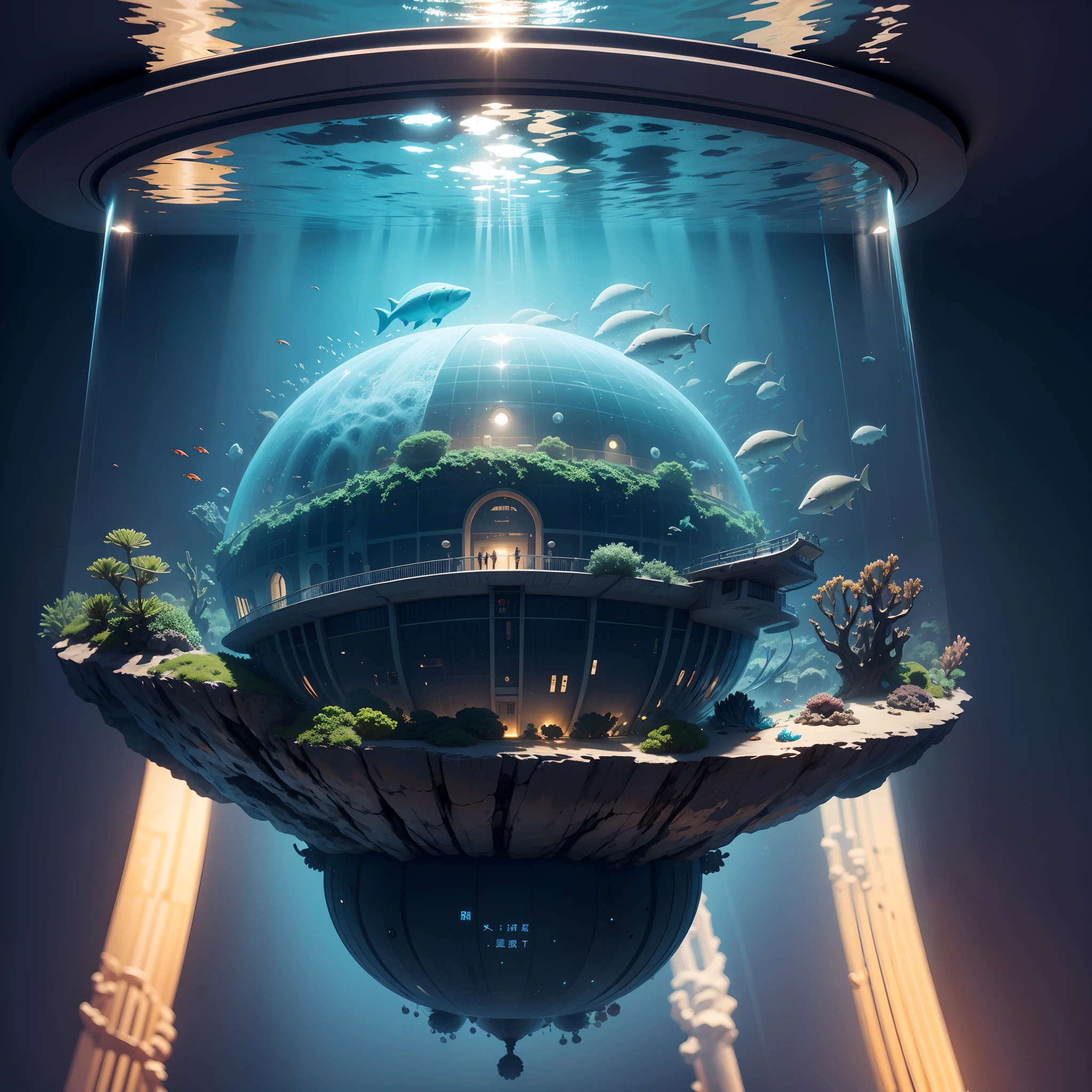 (Undersea city),(Marine life),Transparent fog,The hemispherical shape looks down from the sky,fanciful,Artistically,