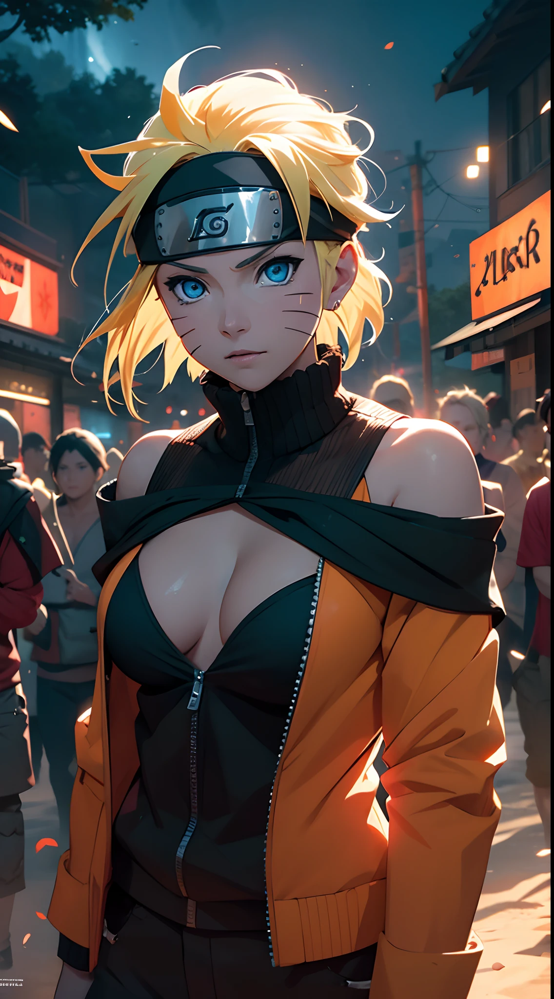 Naruto Uchiha Vortex is super realistic,detail-rich,Super short blonde hair,(Off-the-shoulder attire:1.3),Orange clothes,Forehead,one-girl,Large breasts,cleavage,Be red in the face,best qualityer,tmasterpiece, Johnny Depp walks across the beach at night among fireflies,sharp fokus, contrasty lighting, Delicate skin, High resolution 8K, insanely details, realisticlying, professional photoshooting, 8K UHD, SLR camera, softlighting, high high quality, filmgrain, Fujifilm XT3,Keep one's mouth shut,particle fx