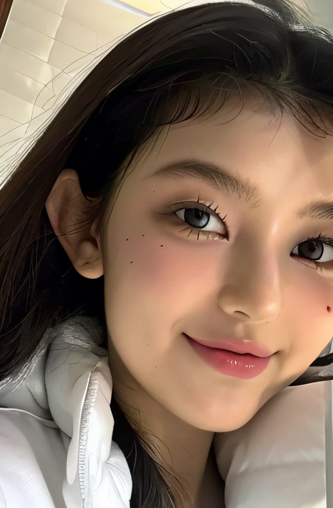 best quality, master part, Ultra high resolution, (Realistic: 1.4), foto original, Arte Oficial, papel de parede, foto busto, sozinho, pele, olhos negros, detalhe, 1 girl, beautiful facial features, brisa, studio, Feliz, (Fundo azul puro), studiolight, Maquiagem Retrato,