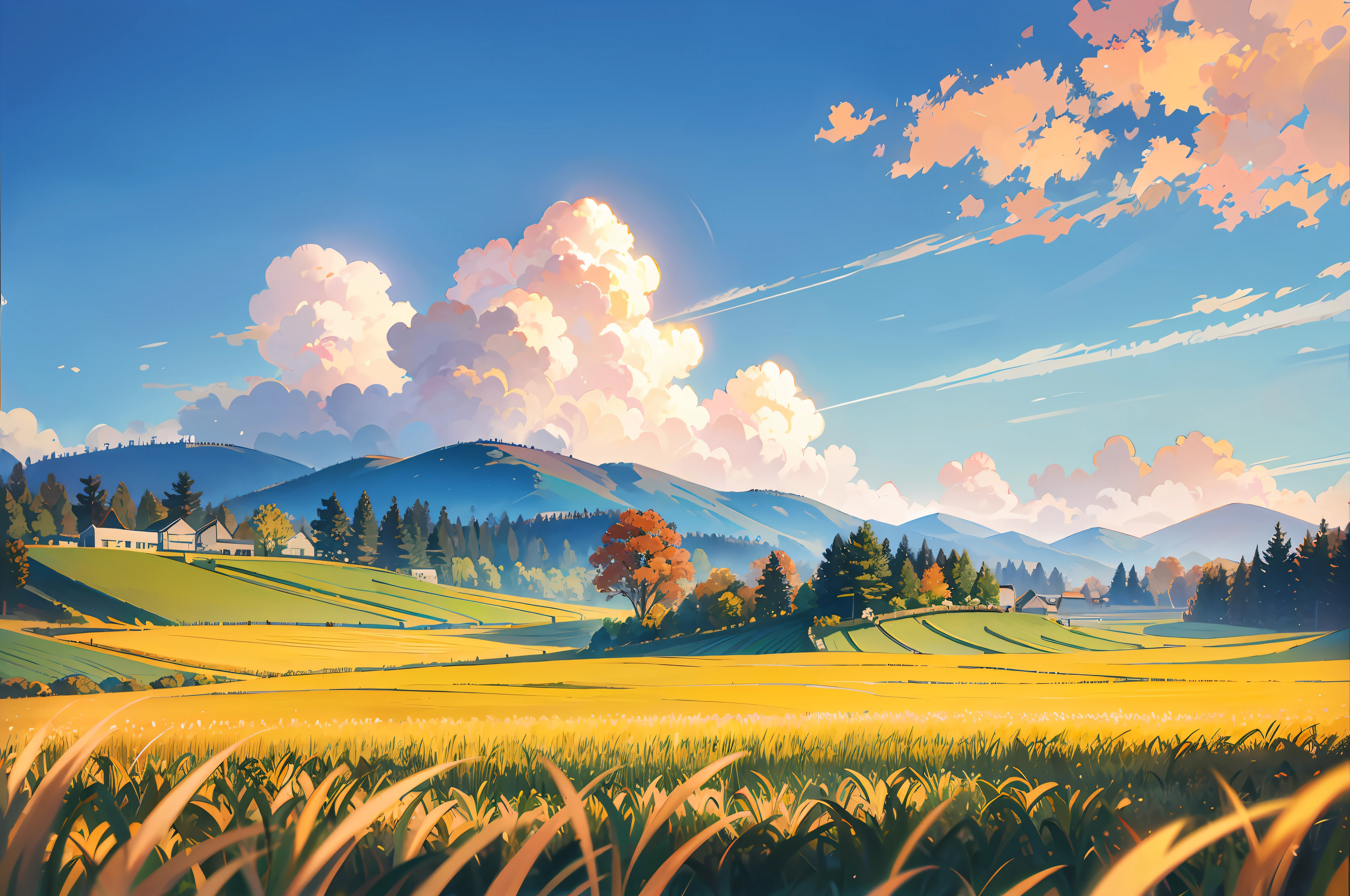 Beautiful countryside, ripe paddy, autumn, hillside, rice field, farmer, harvested paddy, super high detail, ray tracing. --auto --s2