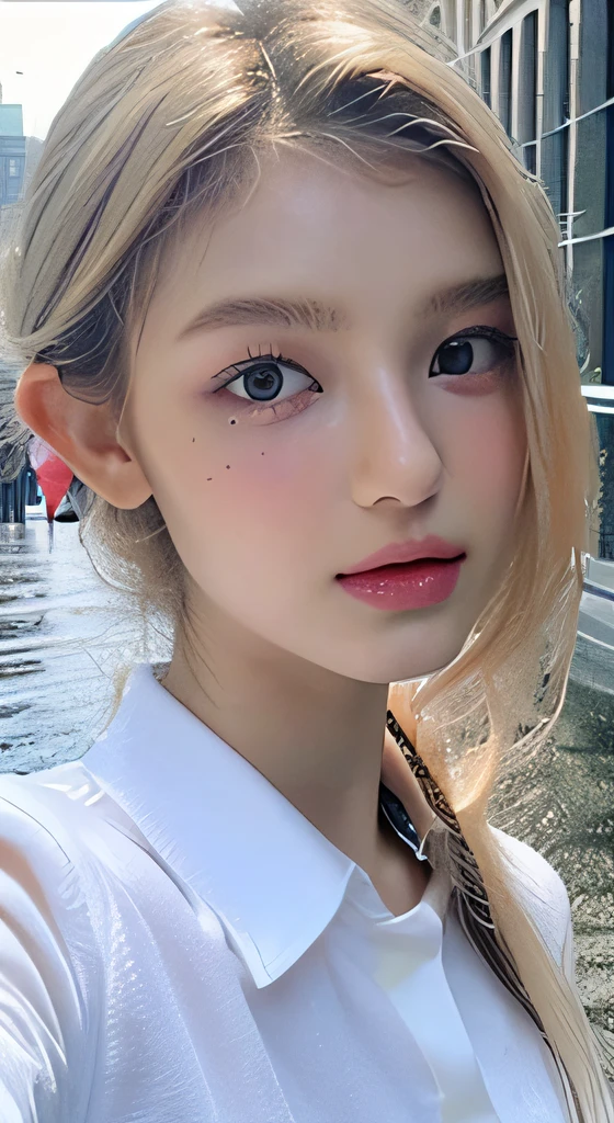 ((Best Quality, 8K, Masterpiece: 1.3)), Sharp: 1.2, Perfect Body Beauty: 1.4, Slim Abs: 1.2, blonde hair ((Long Hair 1.2)), (Wet White Button Long Shirt: 1.1), (Rain, Street: 1.2), Wet: 1.5, Highly Detailed Face and Skin Texture, Fine Eyes, Double Eyelids, Looking at the Camera