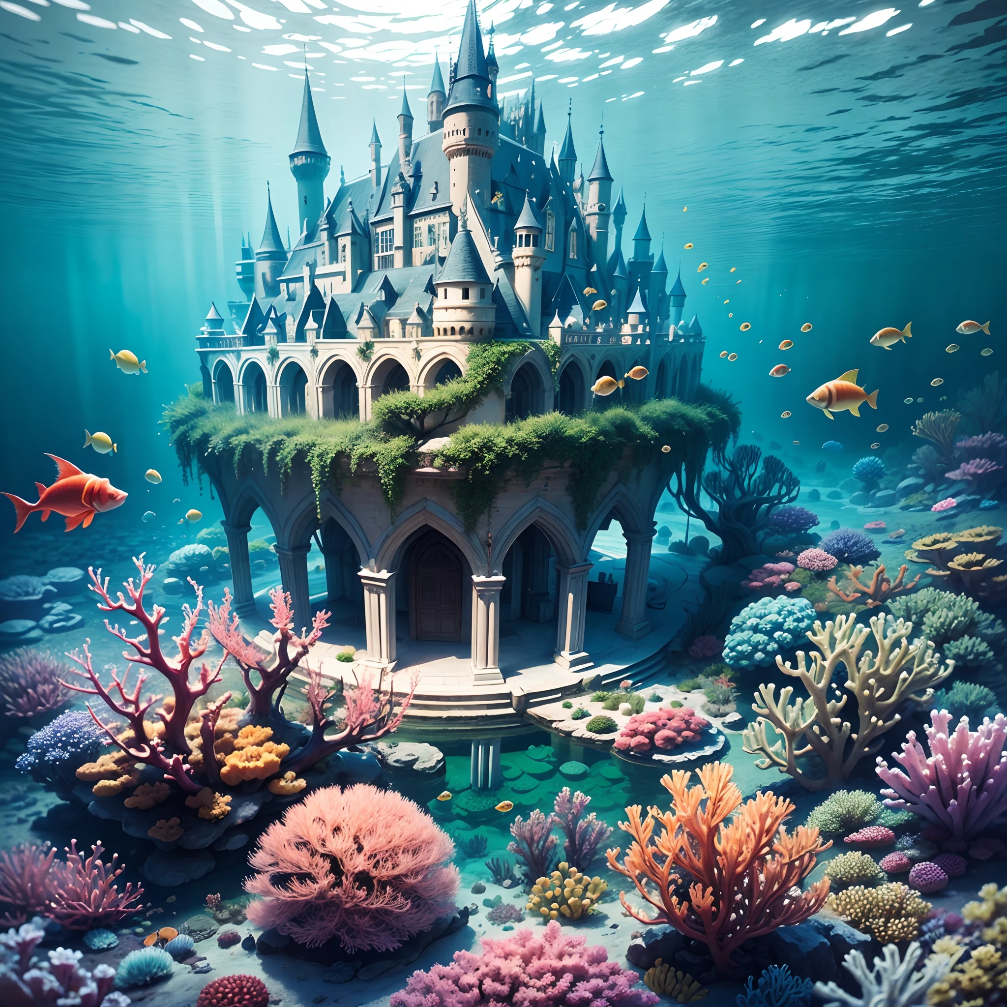 Charming underwater castle,Beautiful coral reef,Sparkling fish，Transparent fog，The hemispherical shape looks down from the sky，fanciful，Artistically，