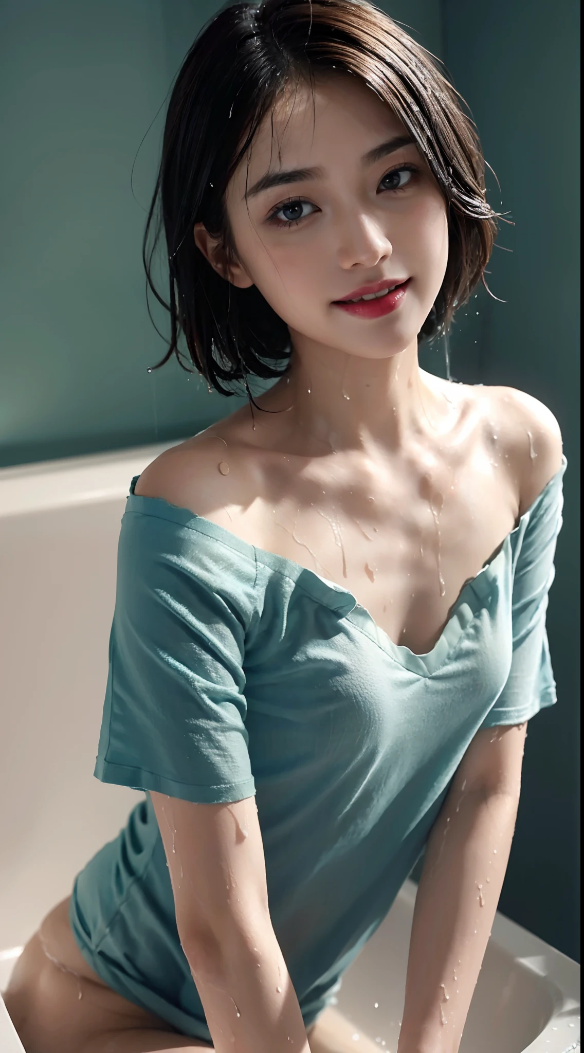 (shoulder-length straight short hair: 1.2),（Extremely meticulous CG 8k wallpaper），（Extremely refined and beautiful），（Masterpiece），（best qualtiy:1.0），（Ultra High Resolution:1.0），beautiful light up，Perfect lightning，realistic shaded，[A high resolution]，Smooth and flawless fair skin，Extremely exquisite facial details，ultra - detailed，A  girl，small head，Smile，cheerfulnes,late at night,(Dim light:1.4),Close Shot,at home,in the restroom,Blue green background,(open mouth:1.2), drooling，Top down overhead camera perspective，small face,（perfect body:1.1）,small breasts，flat chest，no bra,slim,thin,(a damp gauze shirt:1.5),Slender legs，shoulder off，bare shoulder，Charming collarbone，(Female orgasmic:1.5),(blush:1.3),ahegao,(wet hair:1.4),（lying on back:1.3),(in a bathtub:1.3),(sweat:1.7),