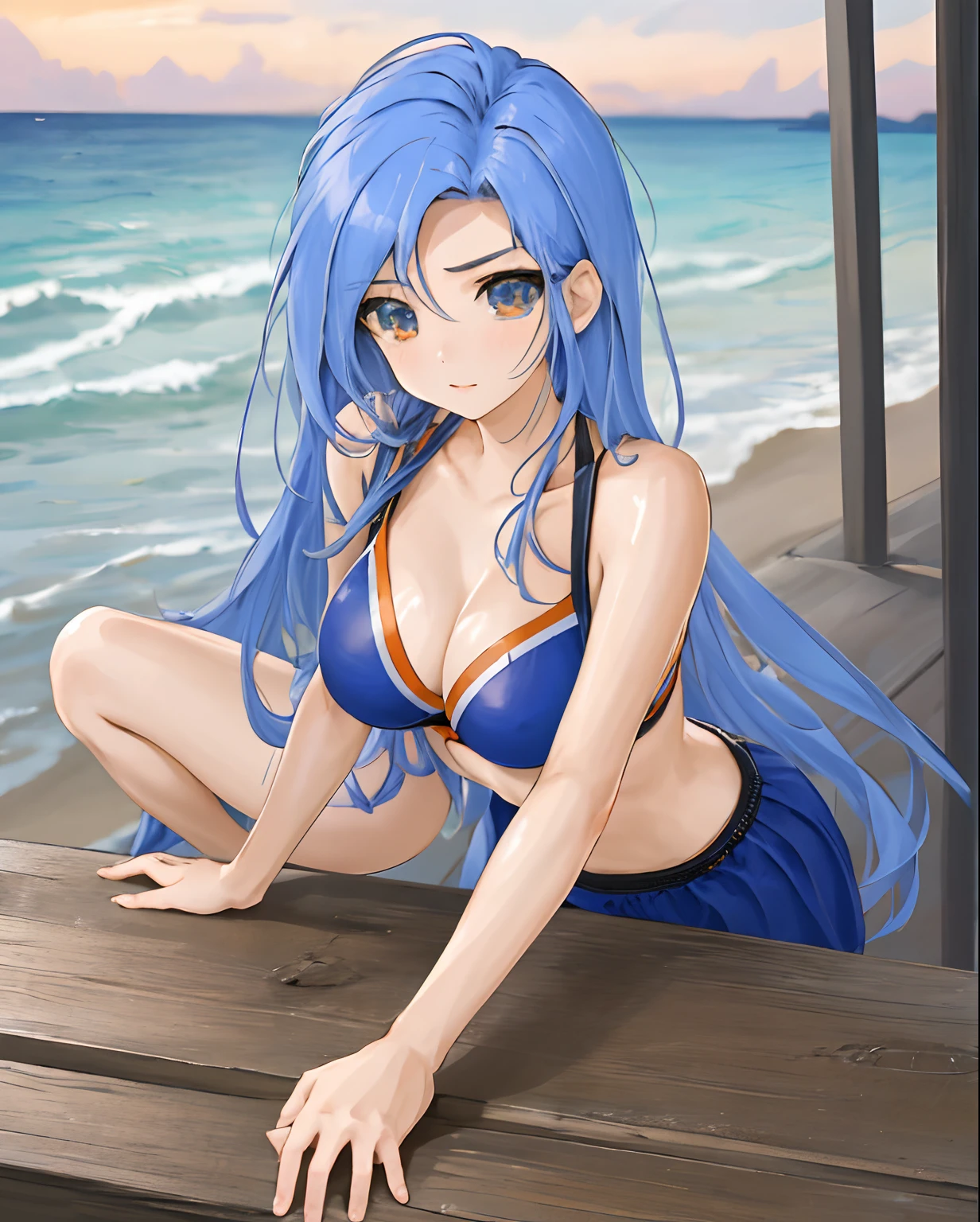 chaesu-minah, 1girl, solo, blue bikini, blue eyes, blue hair, at the beach, 8k, high resolution, shallow depth of field, high detai, at the beach, masterpiece, best quality, highly detailed