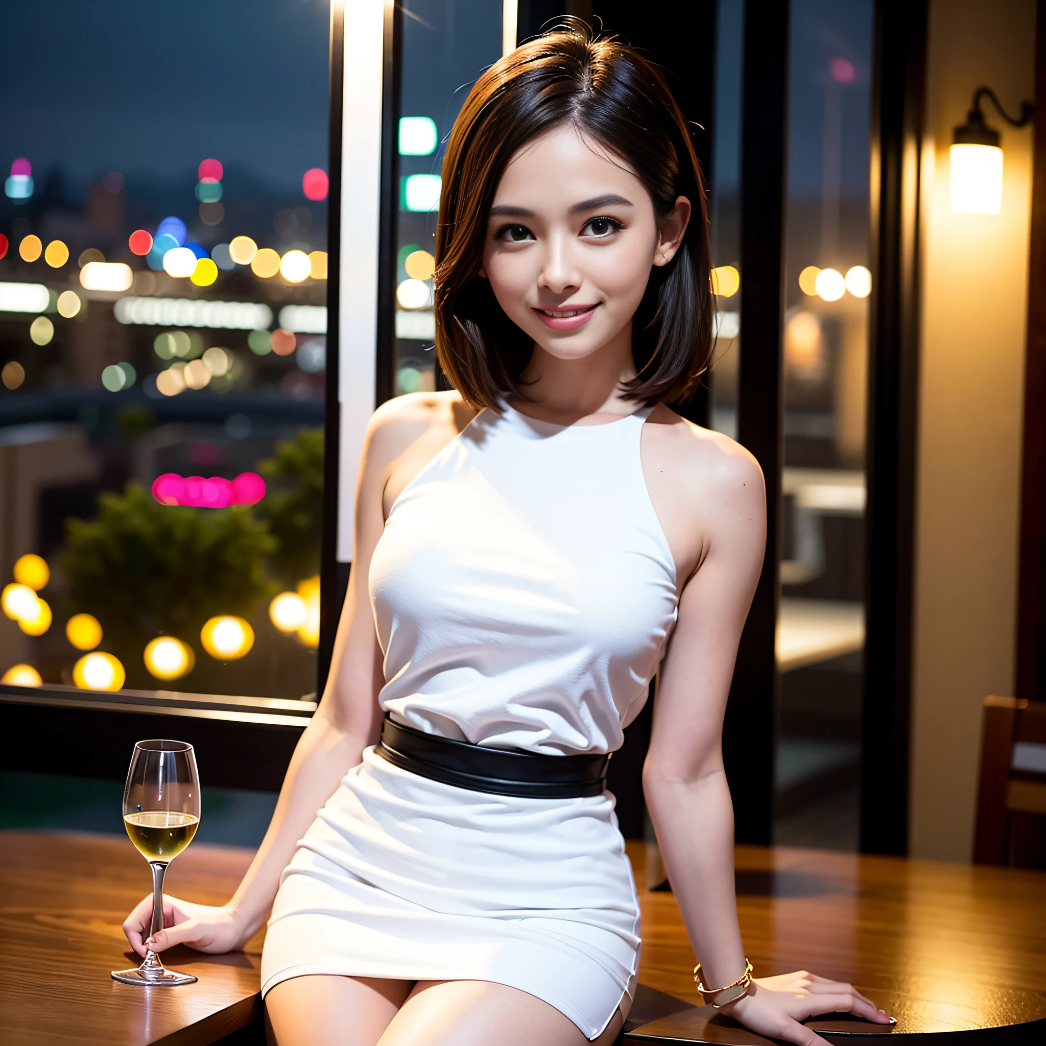 (64K, UHD, top quality, masterpiece: 1.2), (realistic, photorealistic: 1.37), super detailed, pretty woman 1 person, (slim face), (slim body), (brown hair), (short cut), cheeks slightly blushing, (35 years old), 38 years old, solo, beautiful detailed urban night view outside the window, restaurant, wine glasses sit, at night, in a prominent place (from the waist up) NovaFrogStyle, Actress, Model, Waist Up, White Wine, Slim, Wine Glass, Super Clean Night View, Wine Glass Put in the Middle, Happy Smile, (Smile: 1.15), Beautiful Fine Eyes, Upper Body, Bust Japan Up, Night, Short, Short, Actress, Model, Waist Up, White Wine, Slim, Wine Glass, Super Clean Night View, Wine Glass Put in the Middle, Happy Smile,