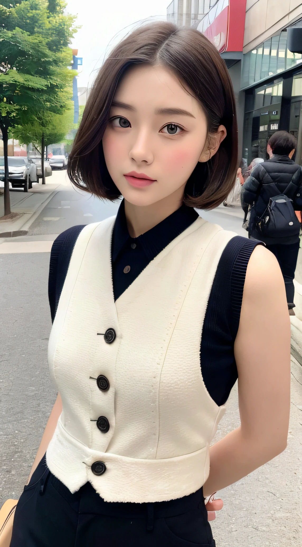 ((best qualtiy,8K,tmasterpiece:1.3)),(Flower Cap:1.3),Perfect beauty:1.4,glute:1.2,(Layered Hair Style:1.2)),(the street:1.3),Highly Detailed Face and Skin Textur,full bodyesbian,Elaborate Eyes,二重まぶた,Whitens the skin,Short wave hair,Cute Korean beauty(with a round face:1.5),(Horse clip vest,shorter pants:1.6)