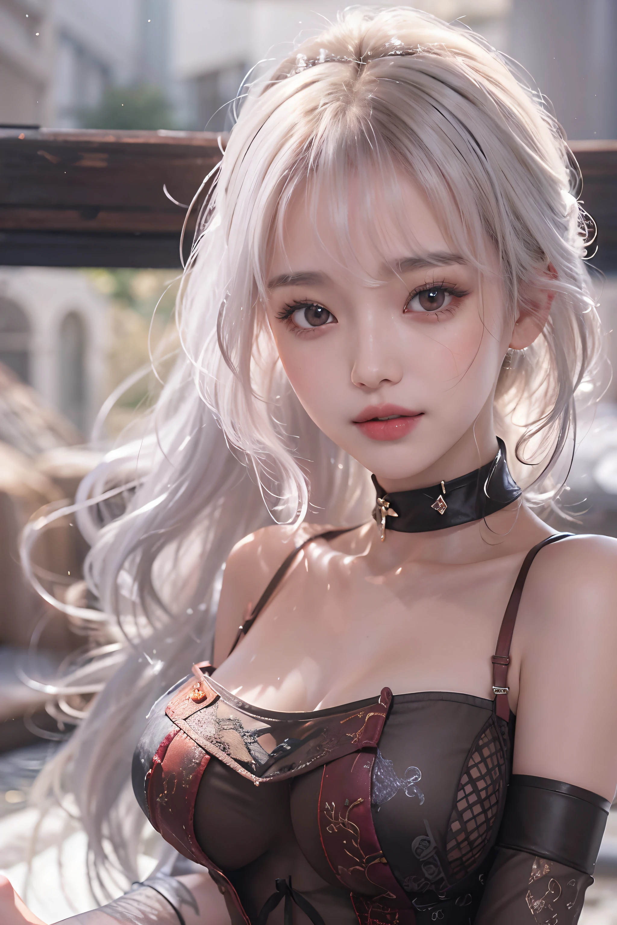 ((upper Shot))、(Photoreal Stick:1.2)、8K UHD、hight resolution、(2 girls)、in her 20s、(looking at view)、(white hair), (Medium Hair)、(Pattsun bangs)、((a smile))、(High quality shadows)、Detail Beautiful delicate face、Detail Beautiful delicate eyes、Pretty Kpop Girl、(Korean Urzan Face)、(ulzzang -6500-v1.1:0.6)、pureerosface_v1、gloweyes、perfectbody、 Incredible dynamic range photography(UTIL_Art by Smoose-768:1.1),(wetting hair)、(wetted skin)、 teak、Bright red lipstick、Glossy lips、(a choker)、((Brown eyes))、((Beautiful Finger))、 (Silver Accessories)、Shiny hair、Description beautiful delicate hair、(Lustrous skin)、(Black see-through dress)、(corsets)、(evening)、(Dim concrete ruins)、(Large stained glass in the background)、