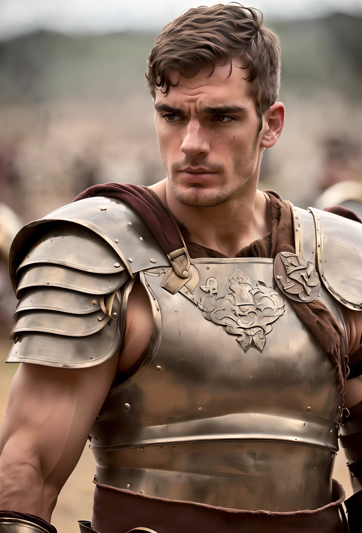 Homem armado de armadura em cima de um cavalo , vestido com armadura romana, macho atraente com armadura, atraente macho de carne com armadura, gladiador romano, vestidos com roupas romanas e uma capa vervelha com seu capacete romano imponente , maximus jacobs, Henry Cavill como um guerreiro, inspirado em Roman Bezpalkiv, beautiful man, roman centurion, gladiador, em armadura de bronze grossa completa ,monta em cima de um cavalo branco na frente de suas legioes