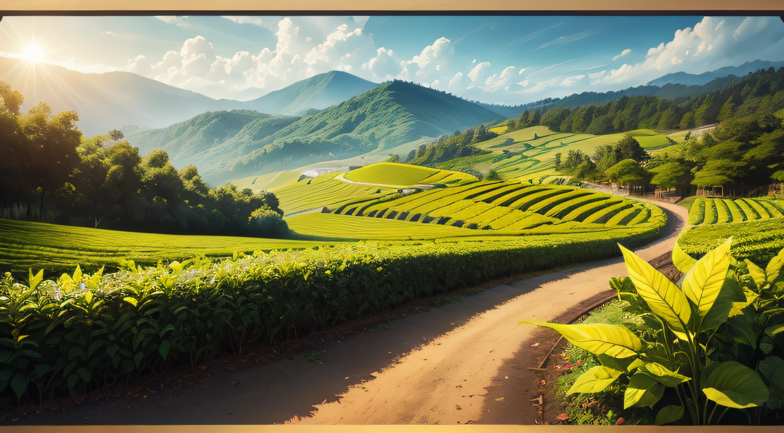 tea plantation，Pick tea，Life screen，rays of sunshine，Poster style，Graphic illustration，Promote tea