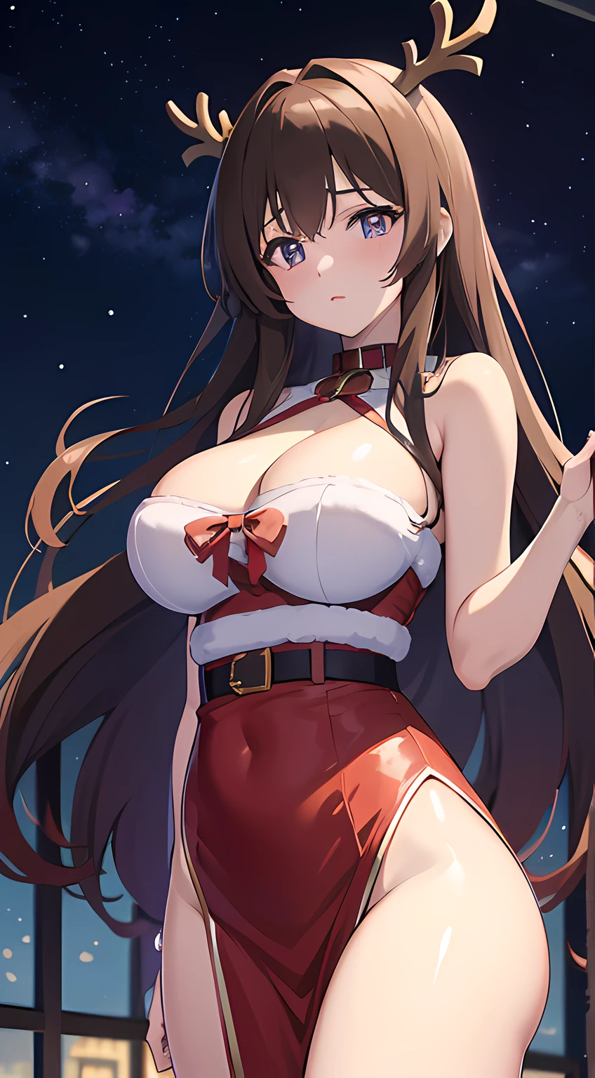 8K, Best Quality, 1 Girl, Reina Kousaka from Sound! Euphonium Anime, Purple Night Sky, Art style from Sound! Euphonium Anime, Bigger breasts and waist, no fat, No NSFW, No ugly, Christmas, Santa Cosplay, Reindeer, winter