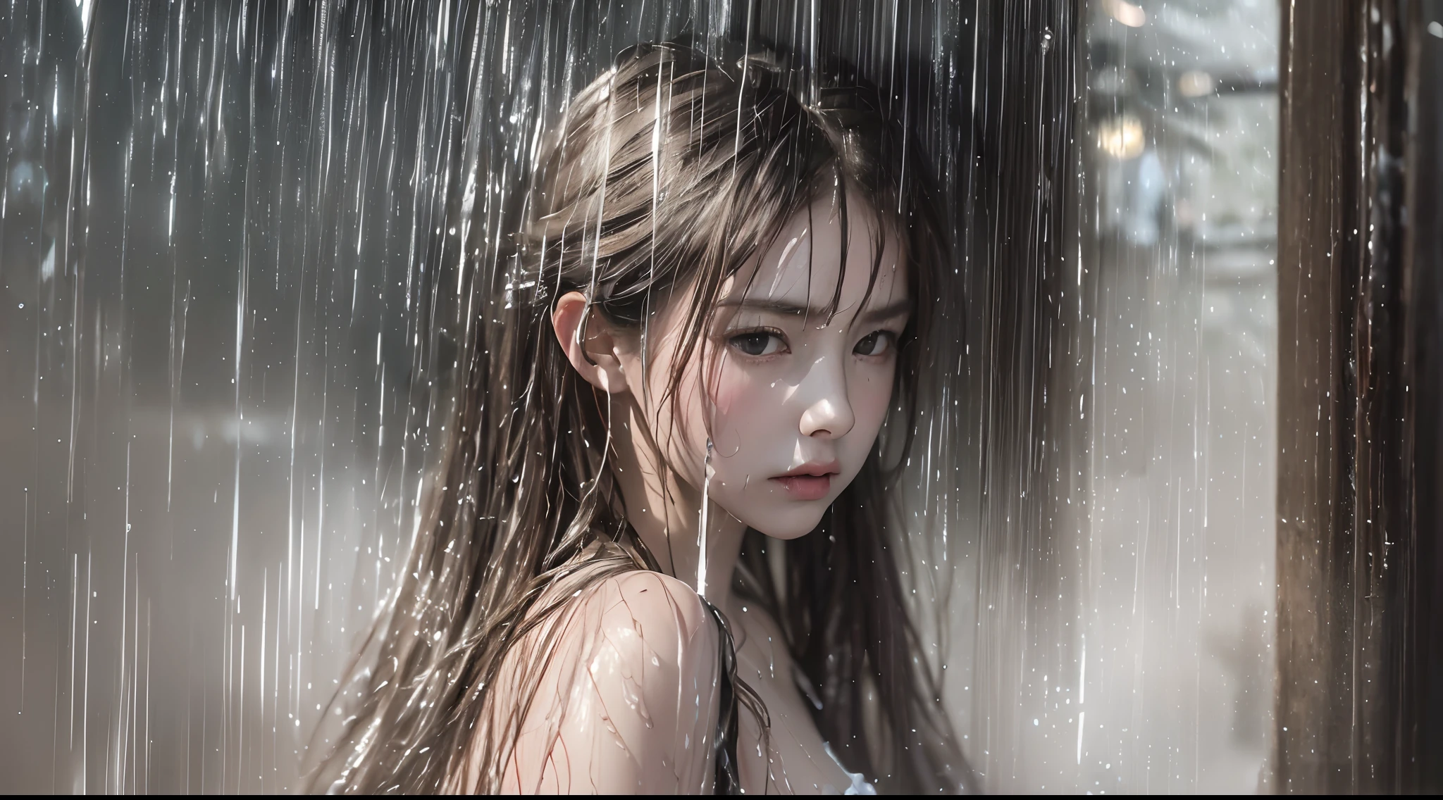 Best picture quality, masterpiece, ultra high resolution, (fidelity :1.4), photo, 1 girl,[(sadness)],white shirt, Dim, dark, desperate, pitying, pitiful, cinematic,tear,teardrop,(Torn clothes:1.5), (Wet clothes:1.4), bare shoulders,Real rain,wet hair,..