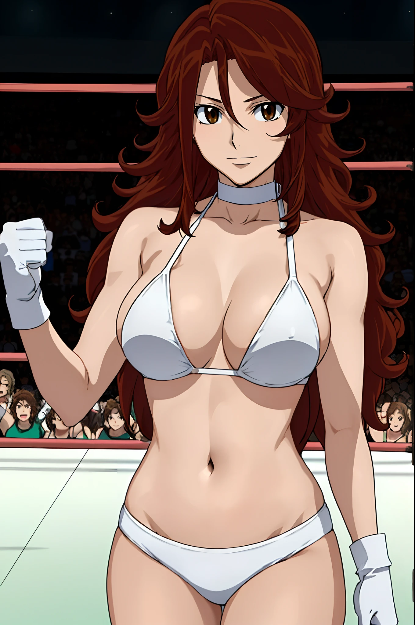curvy belly , Elegant lady, (upper body only), anime style: 1.8, anime drawing, ultra detailed face, ultra detailed body, 4k, Sumergai Lee Noriega, (standing), best quality, anime style, hires, highest definition, digital blending, bold drawing lines, ((wwe diva), (location: wrestling arena, crowds watching), ( slim body, (little biceps), , off-shoulders, closed fists, (very curvy: 2.8)), ((white bikini, only, white gloves, collar, hand protector, (champion belt on bare belly))), loser, defeated, sad, (pale skin, very big breasts, smile), (big eyes, brown eyes), (clapping), (brown hair, loose hair, curly hair, wavy hair, long hair, missy hair), 27 years old,