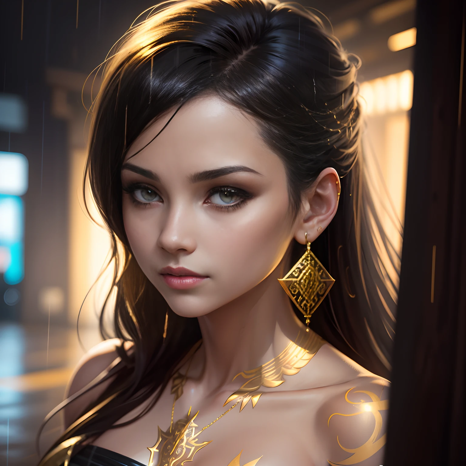 Gold tattoo with golden earrings and girl in the rain, In the style of vray tracing, Martin Ansin, yuumei, Poured, close up, Dark white and gold, speedpainting, masutepiece, Best Quality,