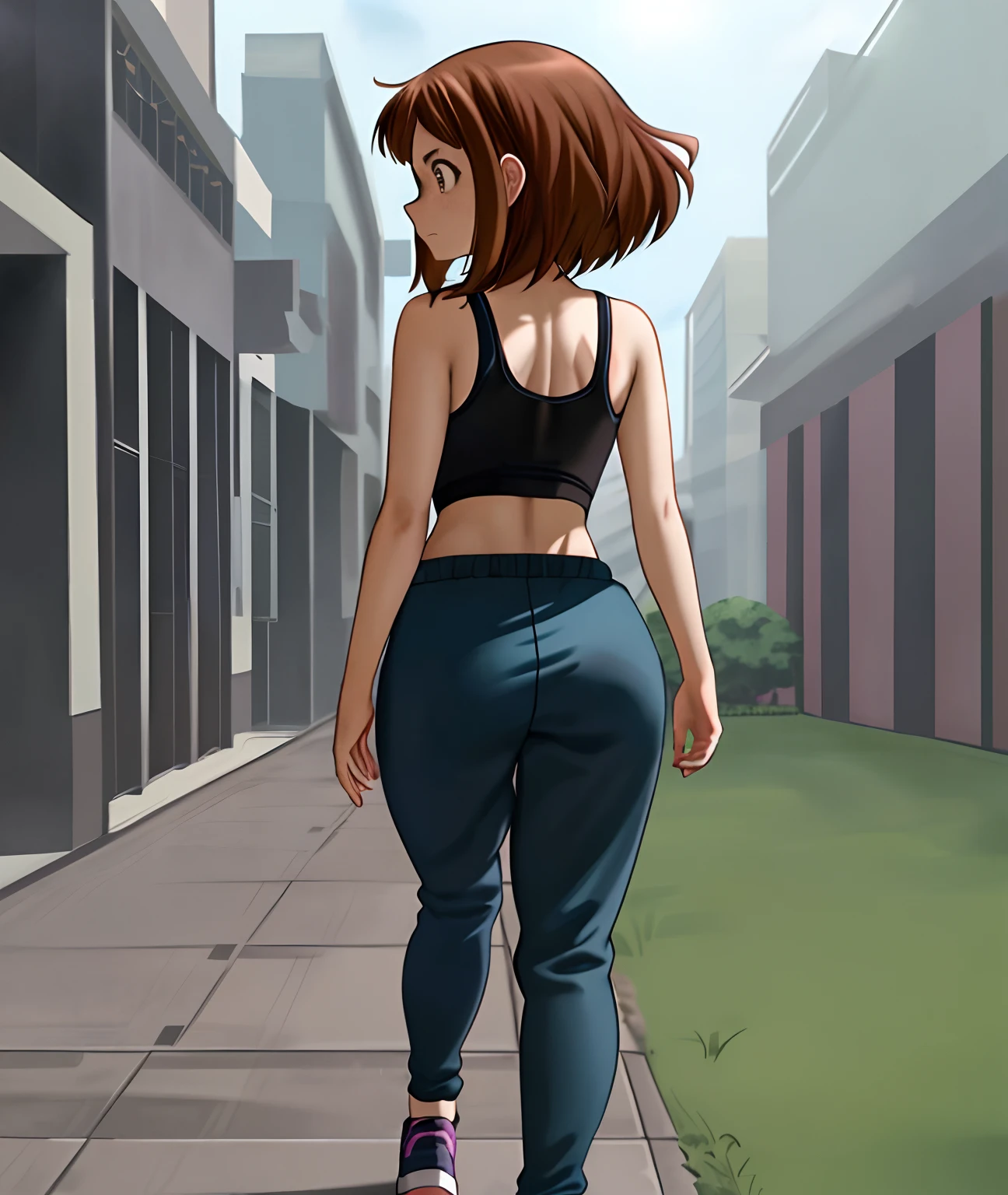 [ochako uraraka], [Boku no hero academia], ((masterpiece)), ((HD)), ((high quality)), ((solo portrait)), ((back view)), ((full body)), ((anime)), ((Kohei Horikoshi)), ((detailed shading)), ((cel shading)), ((intricate details)), ((cinematic lighting)), {ochako, (rosy cheeks), big round brown eyes, short brown hair, short eyelashes, large boobs, (gorgeous hips), (beautiful legs), (angry), (expressionless)}, {(black tank top), (blue sweatpants), (pink sneakers)}, {(walking), (dynamic pose), (looking back), (looking left)}, [Background; (park), (grass), (blue sky), (sun rays)]