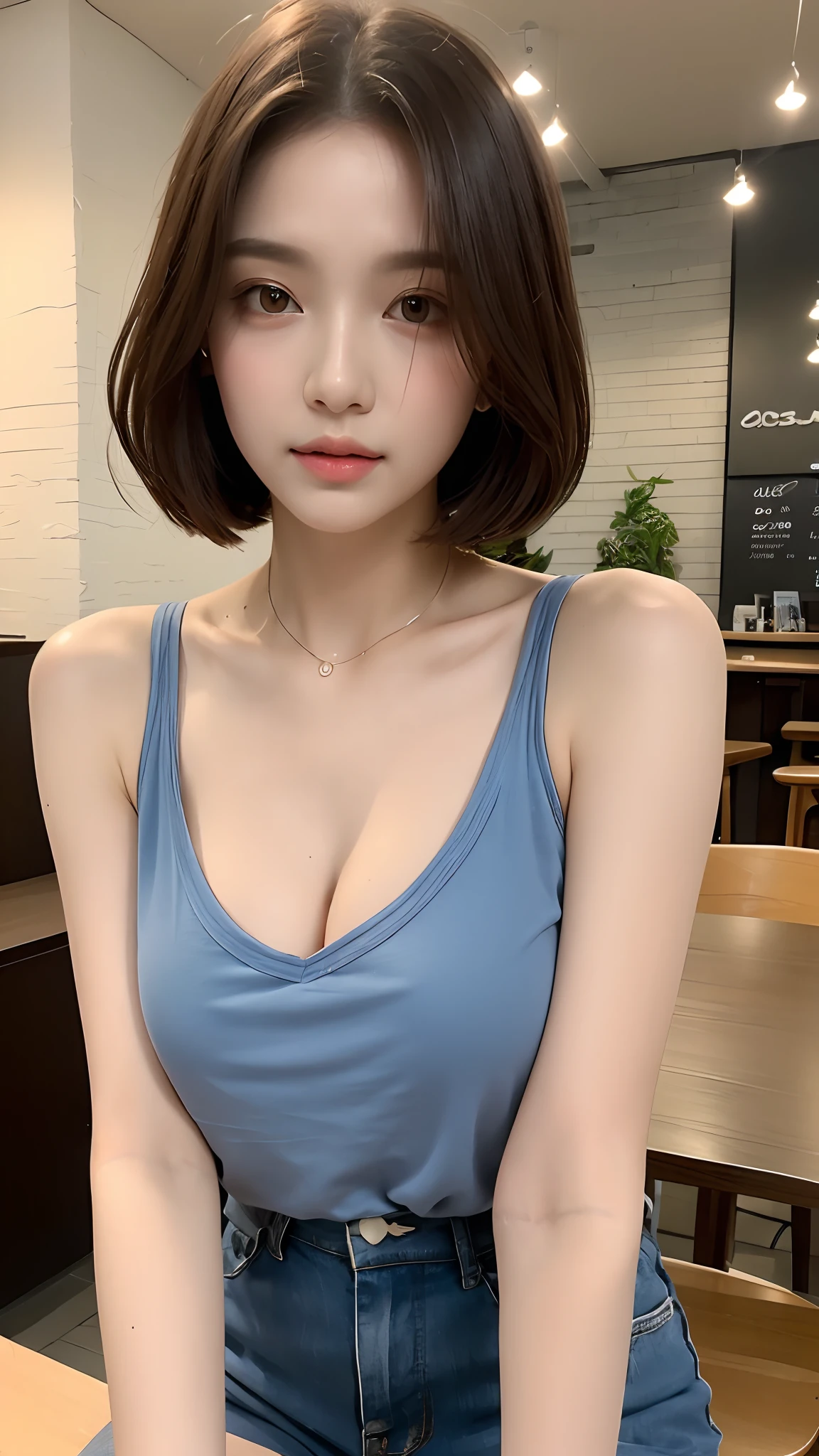 (realistic、highest resolution:1.3)、1 girl with a perfect body、Ultra-thin face and eyes、Short hair、tank top:1 Random Color.2、short blue jeans、in café、coffee on table、huge breasts、exposed cleavage, Open your mouth and eat tteokbokki