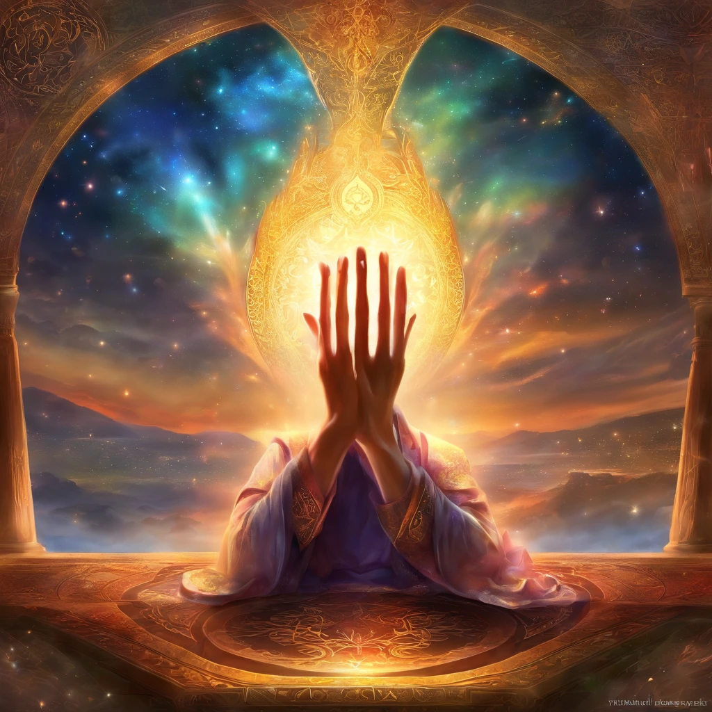 (Allah hands in a prayer position:1.5), (Escote de primer plano:1.5), (Nebulosa colorida:), vibrant colorsa colorslashh An explosion of colors, Cosas complejas alrededor, intrincado en el fondo, espiritual, divino, dreamlike, DIOS, pineal body, dream like, (fondo de pantalla extremadamente detallado de la unidad CG 16k:1.1), (Fuerza que elimina ruido: 1.45), (tmasterpiece:1.37), UHD), Hands of Prayer, Hand of blessing, gesto solemne, Prayer posture, hiperrealista, Dios Rayos, Trazado de rayos, Trazado de rayos, UHD, Galardonado, Galardonado