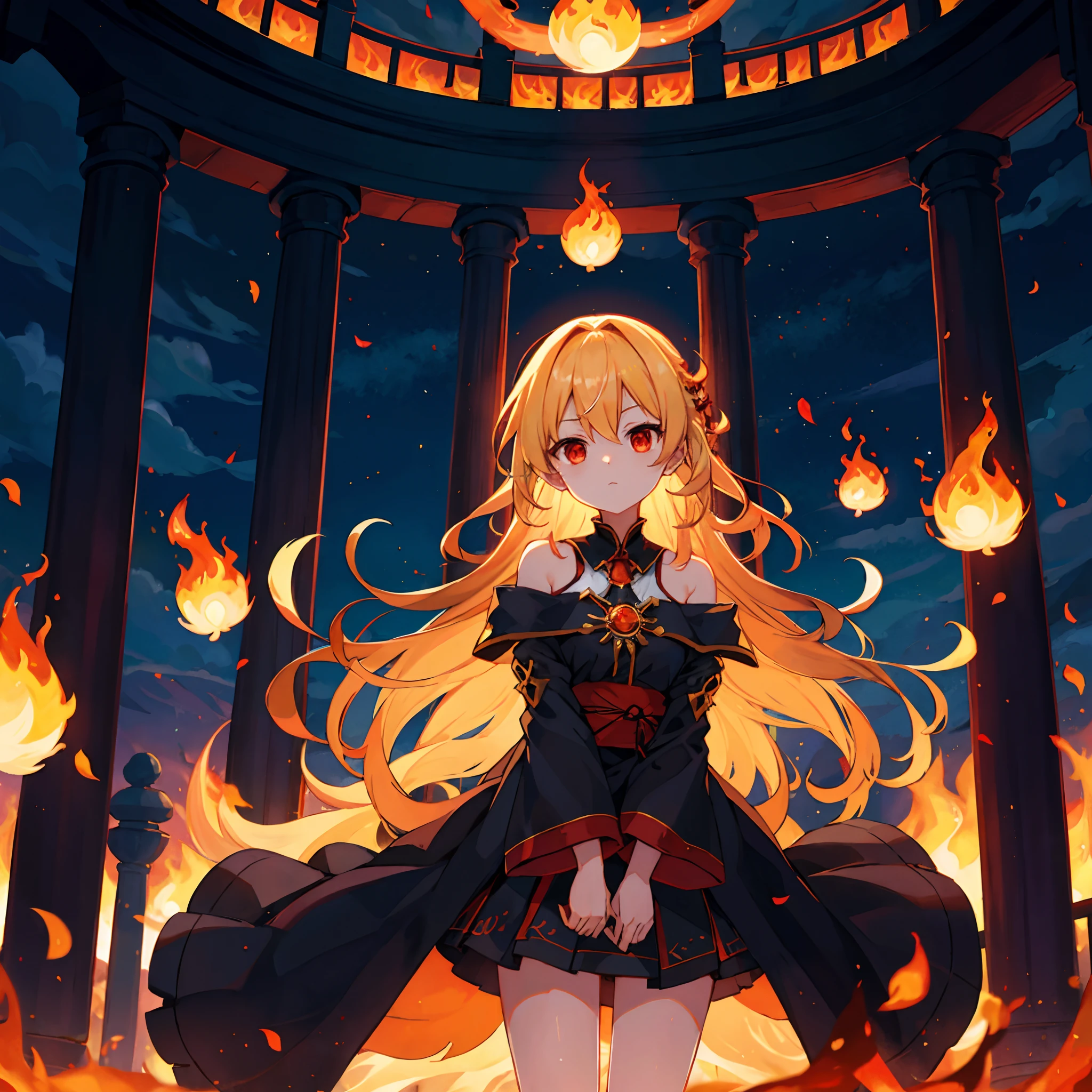 Wavy blonde、red eyes、One Beautiful Girl、Black Dress、off shoulders、a miniskirt、Wizard robes、Pillar of fire、Flame Magic、surrounded by flames、Western castles