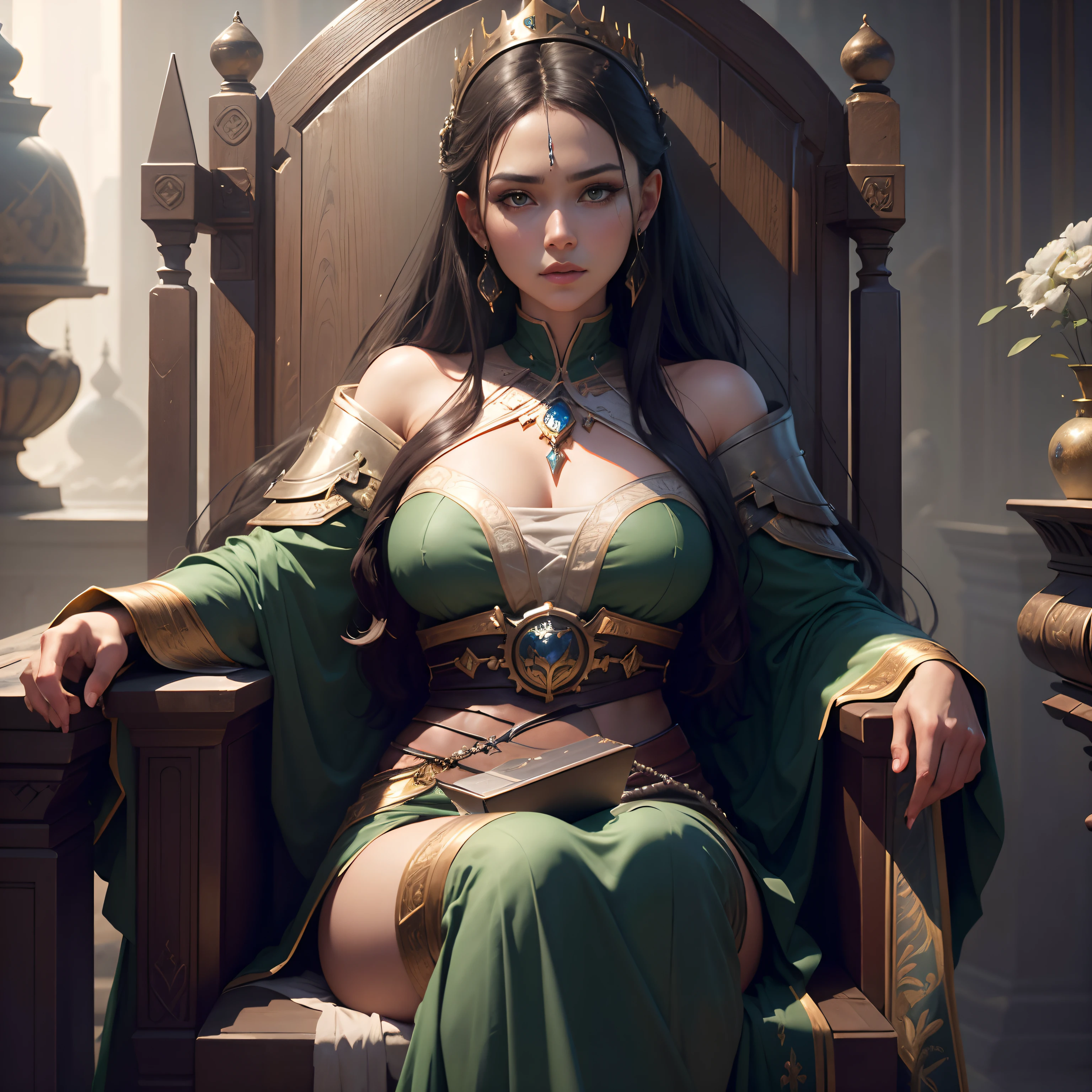 Modelshoot style, (the Extremely Detailed CG Unity 8K Wallpapers), full-shot body photo of the most beautiful artwork in the world, medieval queen, green vale, Dark skin, black woman, Golden crown, Diamonds, Medieval architecture, professional majestic oil painting by Ed Blinkey, Atey Ghailan, Studio Ghibli, By Jeremy Mann, Greg Manchess, Antonio Moro, Trending on ArtStation, Trending on CGSociety, Convoluted, high detailing, Sharp Focus, Dramatic, photorealistic painting art by midjourney and greg rutkowski,Sit on a throne and look down,