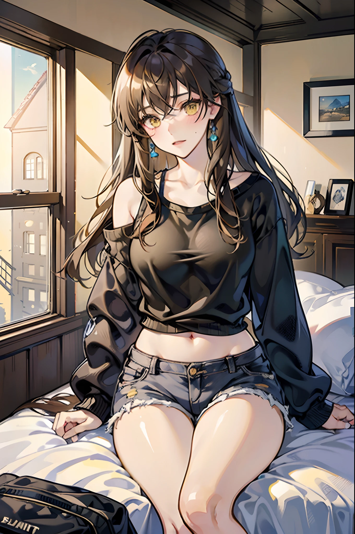 1 eighteen-year-old gamer woman, long wavy light brown hair, yellow eyes, long eyelashes, soft facial line, big breasts, small waist, shapely body, blushing, shy, innocent atmosphere, short stature, beautiful body, white skin pale jade, high resolution, 4k, detailed eyes, dressed in a large sweatshirt, a tank top and black jean shorts and converse sneakers, ultra quality, 8k, HD, game room. amazing room, otaku, amazing computer, playing on computer, sitting on bed
