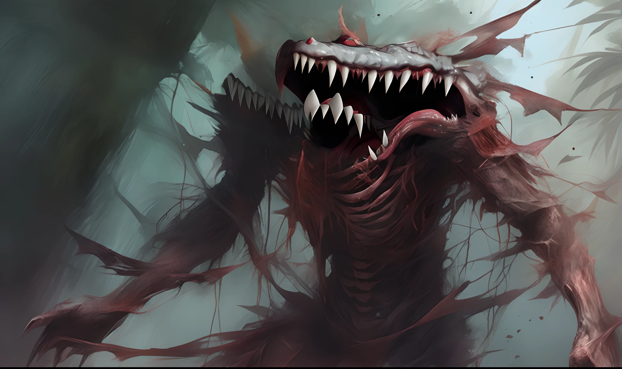 red and black, a monstrous lovecraftian deformed creature with tentacles, in the style of Mork Borg, strong contrast, grunge dirty punk splash art, black metal zine