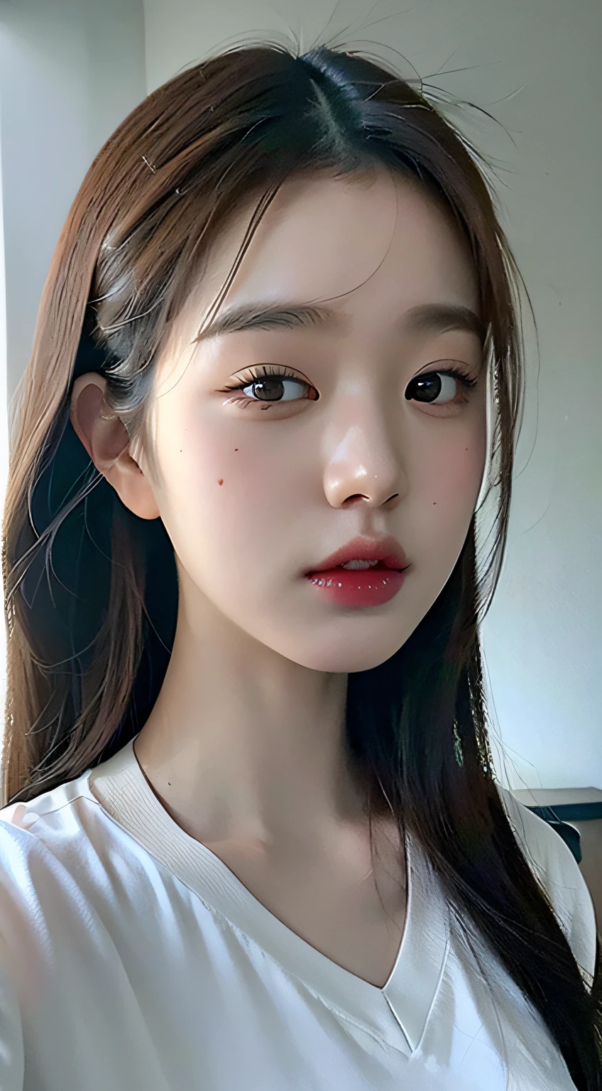 Best Quality, Masterpiece, Ultra High Resolution, (Realistic: 1.4), Original Photo, Wallpaper, Head Photo, Skin, Simple Background, Black Eyes, Detail, Selfie, 1 Girl, 18 Years Old, Breeze, Sunshine, Classroom, Question,
