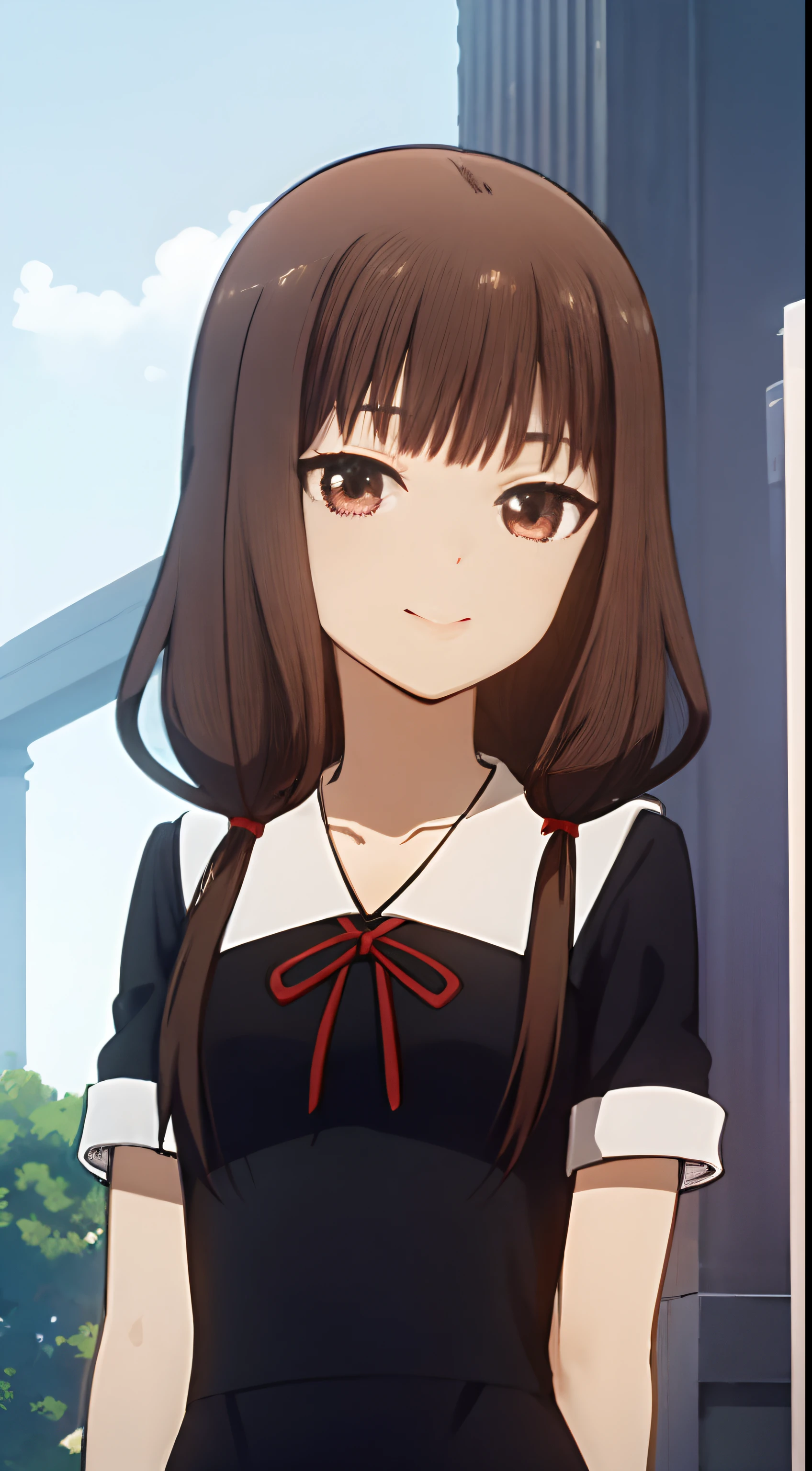 School uniform, Black Dress, Red Ribbon, 
,Brown hair, Brown eyes, Long hair, Twin-tailed,The upper part of the body、A smile,look at viewr,Upper body only、超A high resolution,4K,Ultra-detailed, Photography, 8K, nffsw, hight resolution,look at viewer,a smile