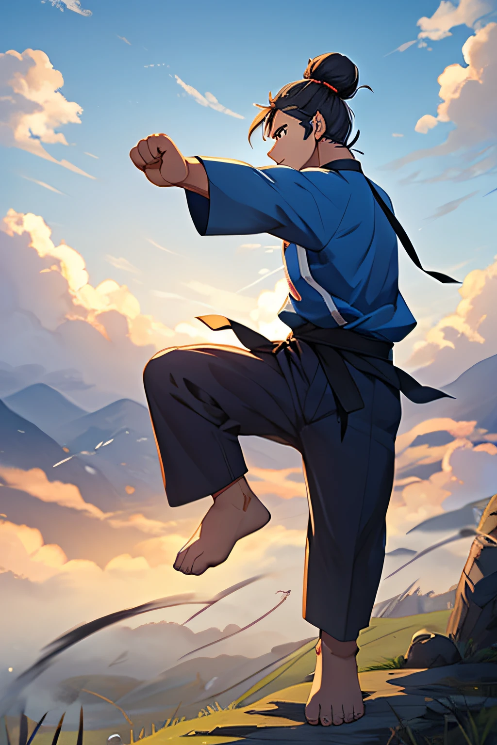 4K,masterpiece,High Quality,wangye,under one person,manhood,blue clothes,hair bun,movement posture,martial arts posture,peak,the top of the hill,practicing tai chi,cloud,fog,