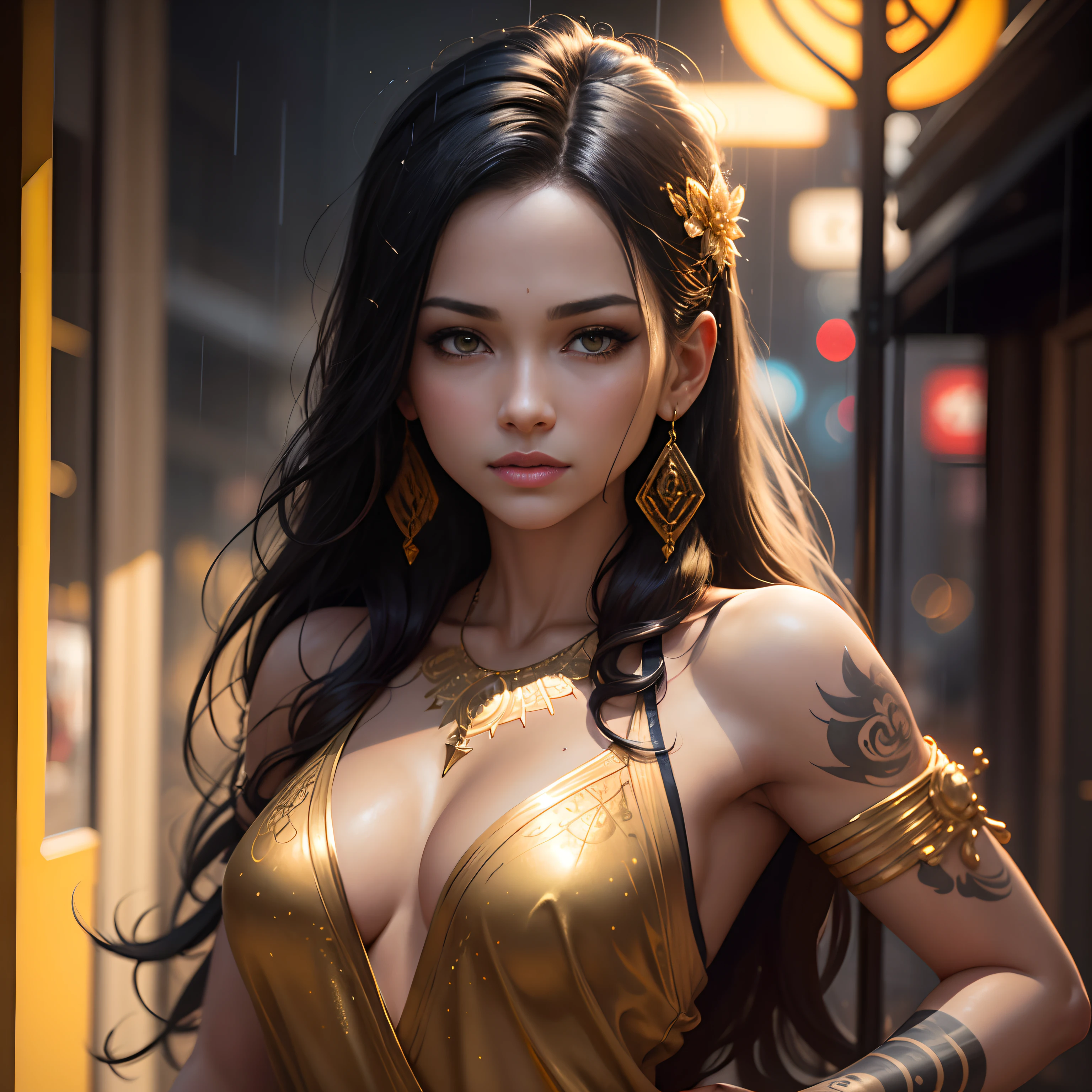 Gold tattoo with golden earrings and girl in the rain, In the style of vray tracing, Martin Ansin, yuumei, Poured, close up, Dark white and gold, speedpainting, masutepiece, Best Quality,