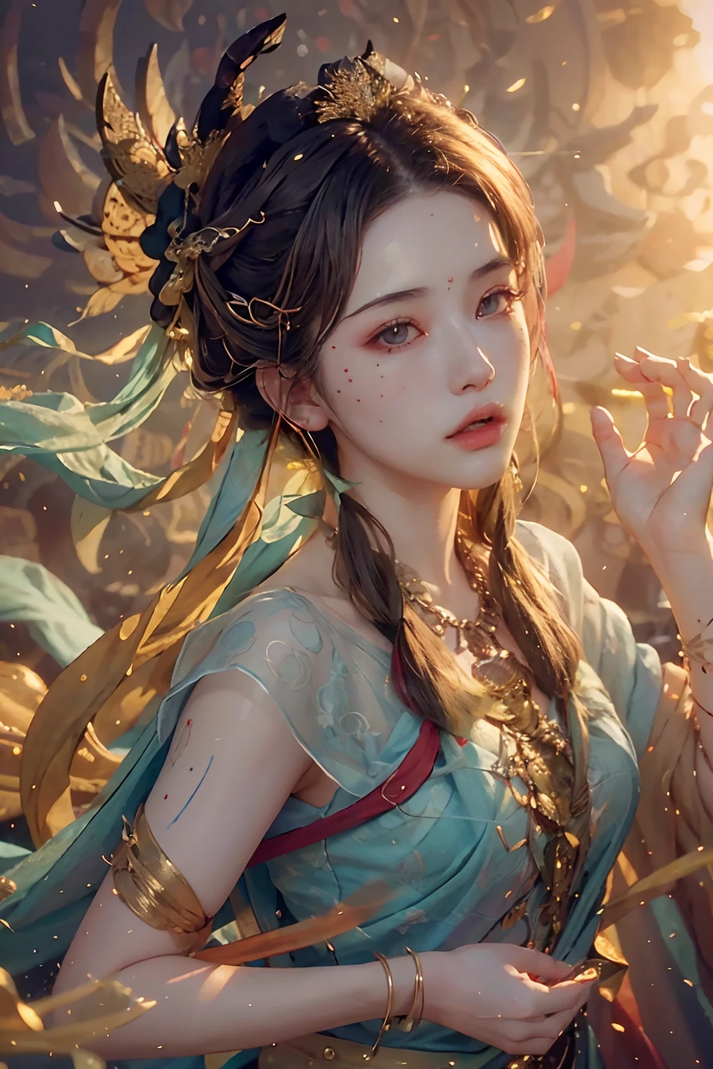 (RAW photo, best quality), (realistic, photo-realistic:1.3),best quality,highly detailed,masterpiece,ultra-detailed,illustration,1girl,upper_body,dynamic angle,world masterpiece theater,messy_long_hair,best quality,extremely detailed CG unity 8k wallpaper,ink,Amazing,cinematic lighting,lens_flare,,dunhuang_style