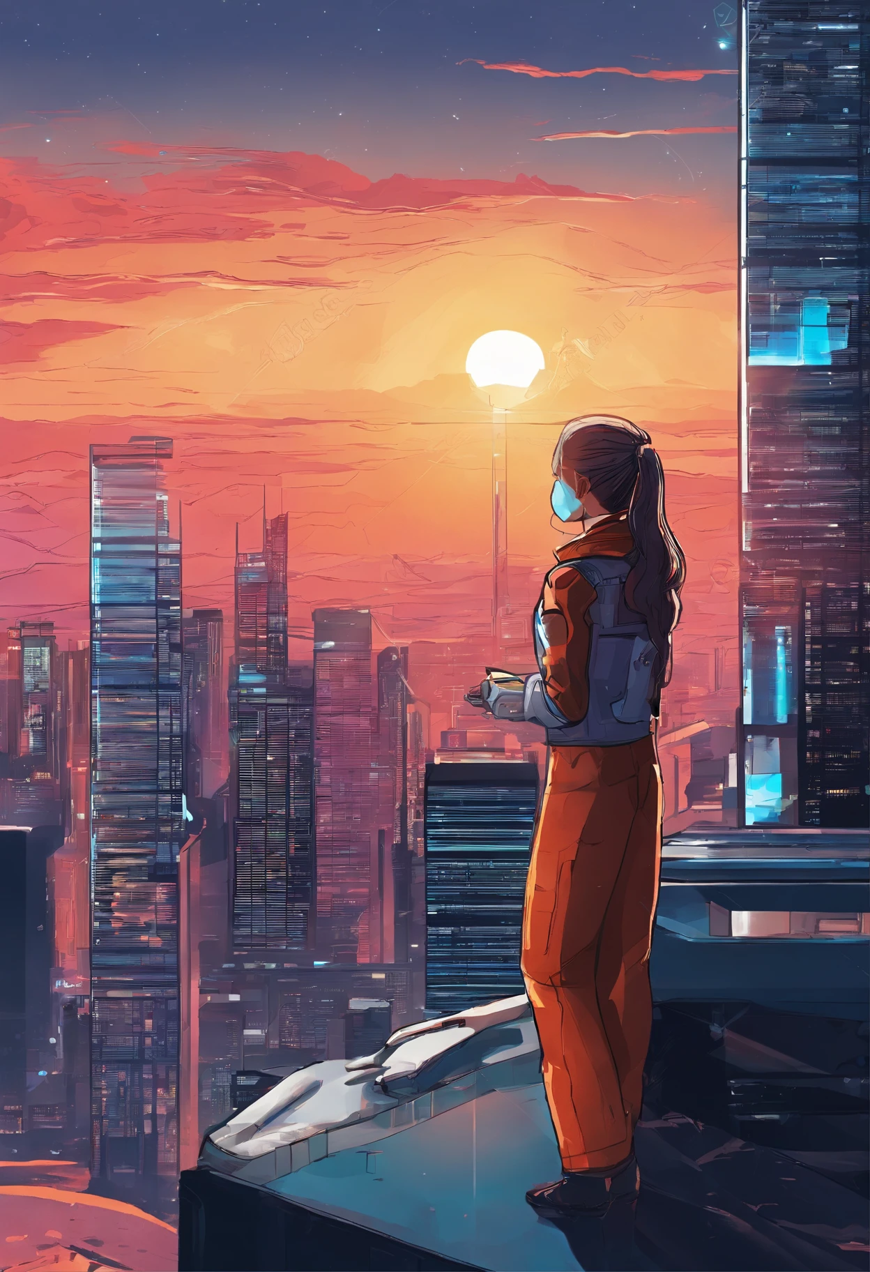 A woman staring at the sunset on top of an office building in a city