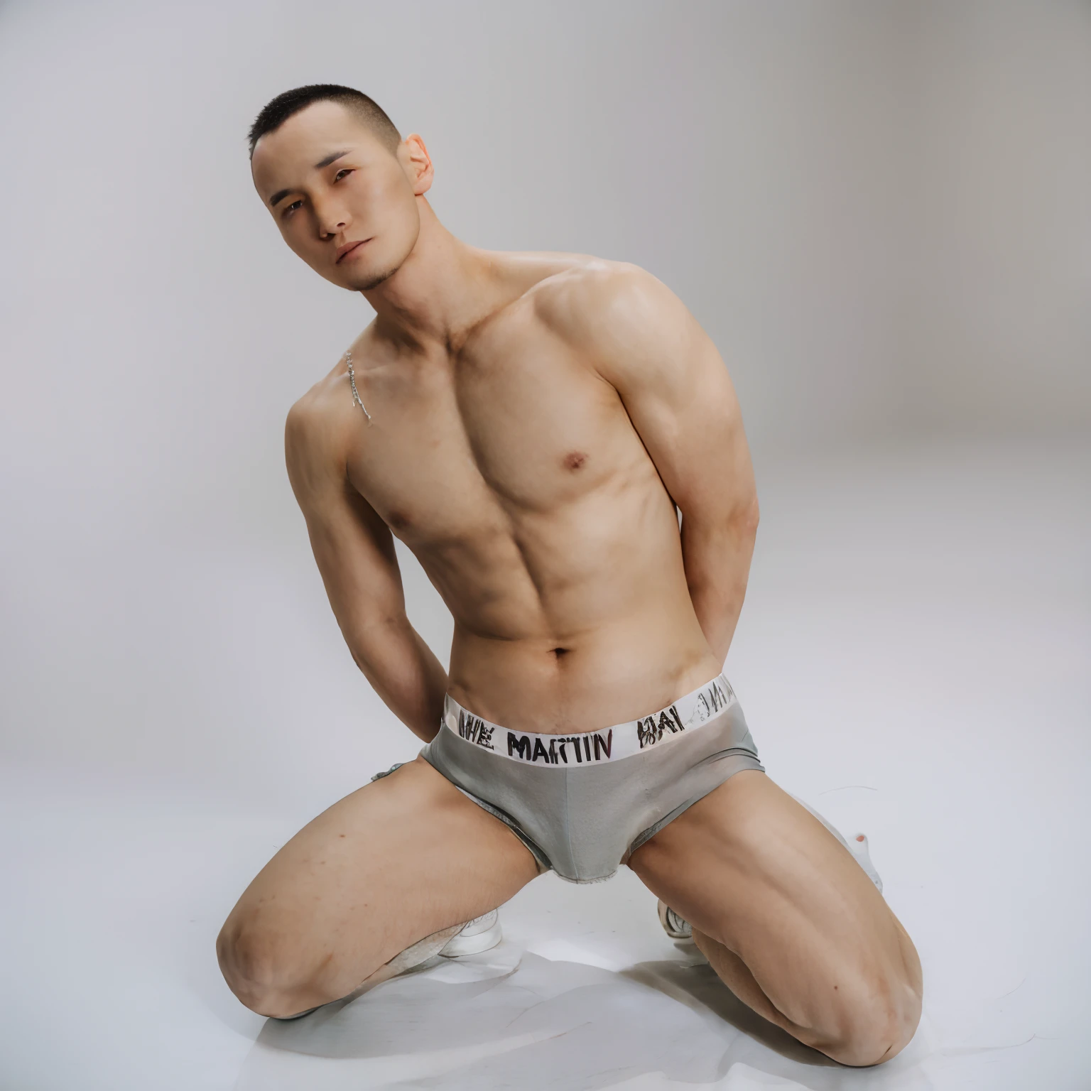 Muscular asian guy,Kneeling,legs are open,Smell panties
