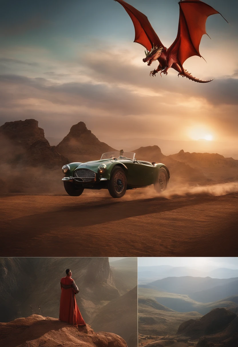 Four roles,The red and green dragon is at the end of the frame,There is a lot of gravel in the foreground,There are a lot of clouds in the sky behind,There is a huge sun shining ahead,The four characters have the action of landing,Look ahead,A lot of detail