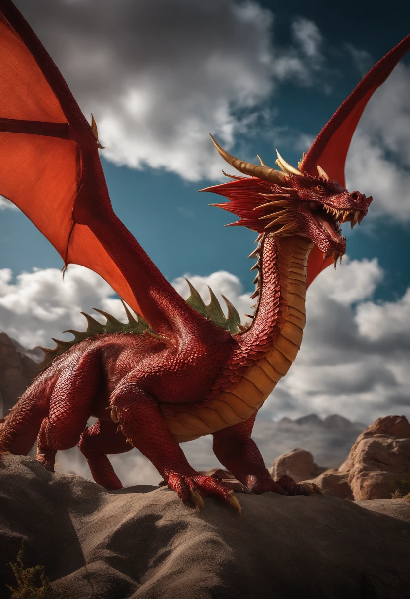 Four roles,The red and green dragon is at the end of the frame,There is a lot of gravel in the foreground,There are a lot of clouds in the sky behind,There is a huge sun shining ahead,The four characters have the action of landing,Look ahead,A lot of detail