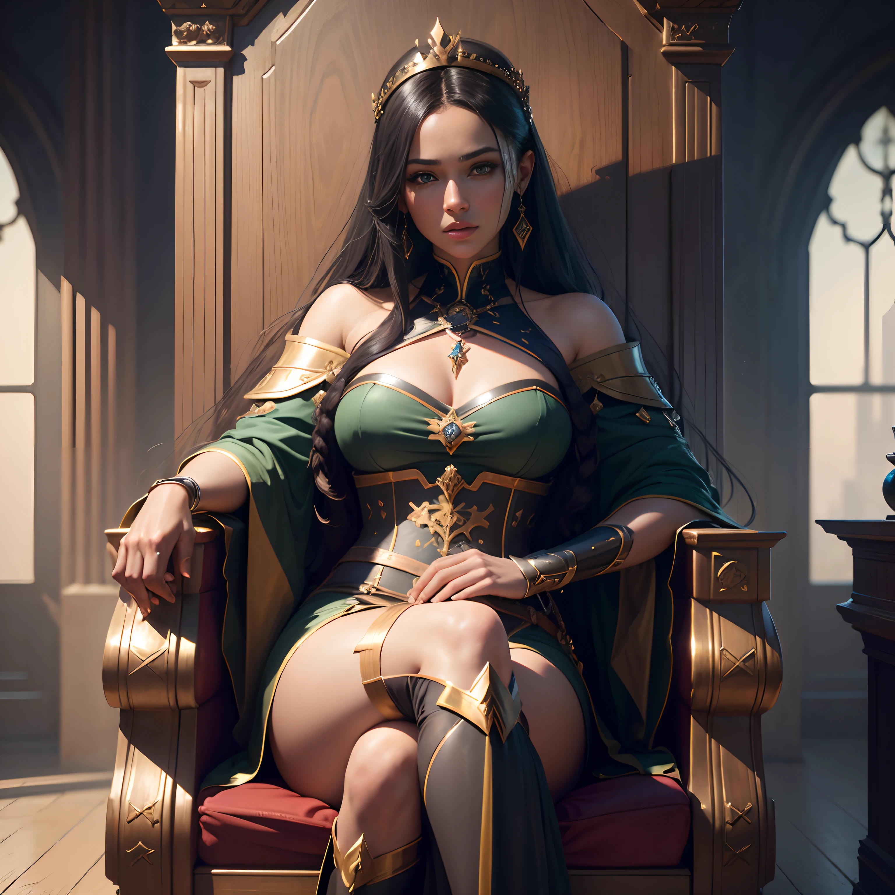 Modelshoot style, (the Extremely Detailed CG Unity 8K Wallpapers), full-shot body photo of the most beautiful artwork in the world, medieval queen, green vale, Dark skin, black woman, Golden crown, Diamonds, Medieval architecture, professional majestic oil painting by Ed Blinkey, Atey Ghailan, Studio Ghibli, By Jeremy Mann, Greg Manchess, Antonio Moro, Trending on ArtStation, Trending on CGSociety, Convoluted, high detailing, Sharp Focus, Dramatic, photorealistic painting art by midjourney and greg rutkowski,Sit on a throne and look down,