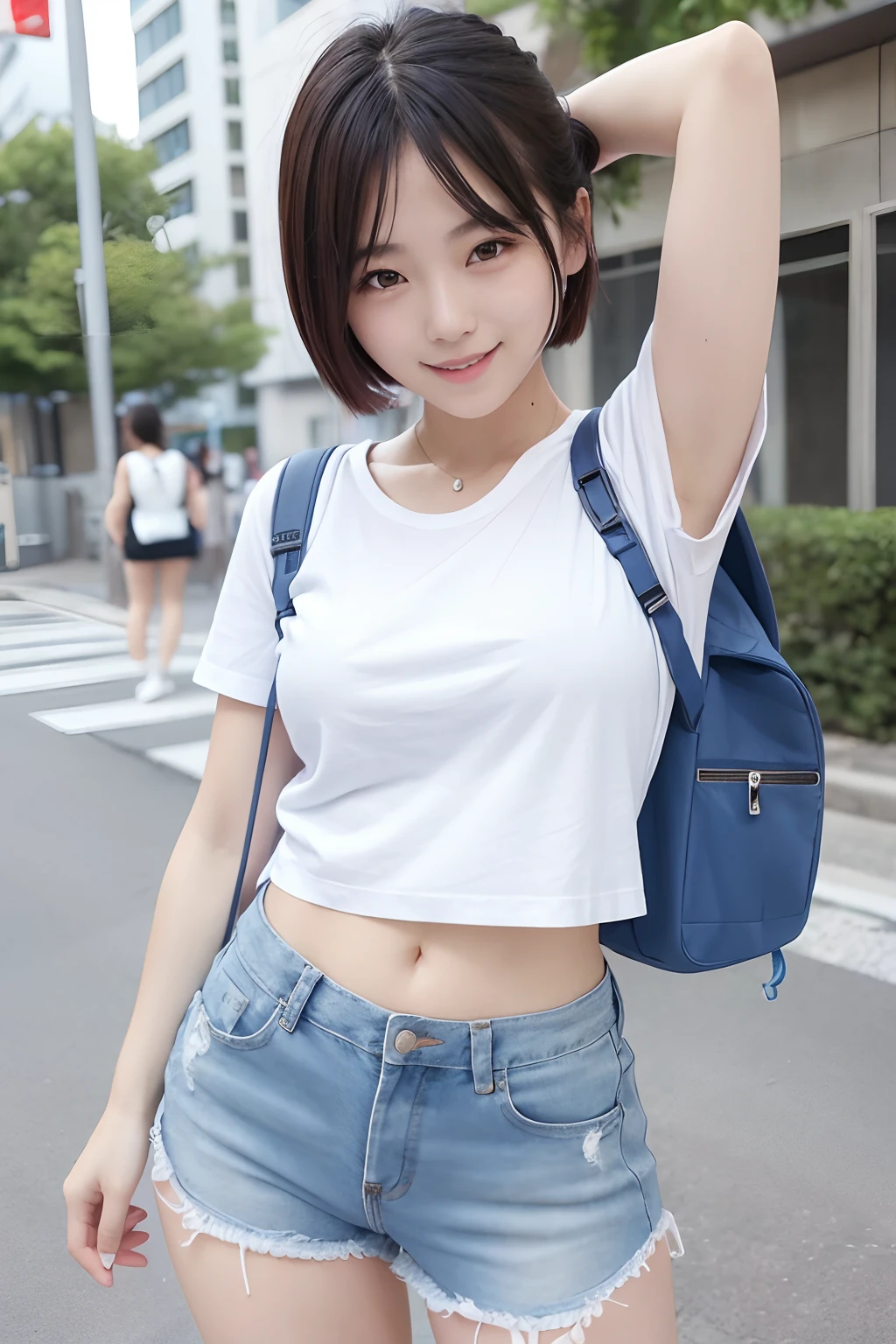 Woman in white t-shirt and blue hot pants、A Japanese Lady、top-quality、soio、street corner、Short Bob、backpack、(Dynamic Poses:1.2)、Grinning smile
