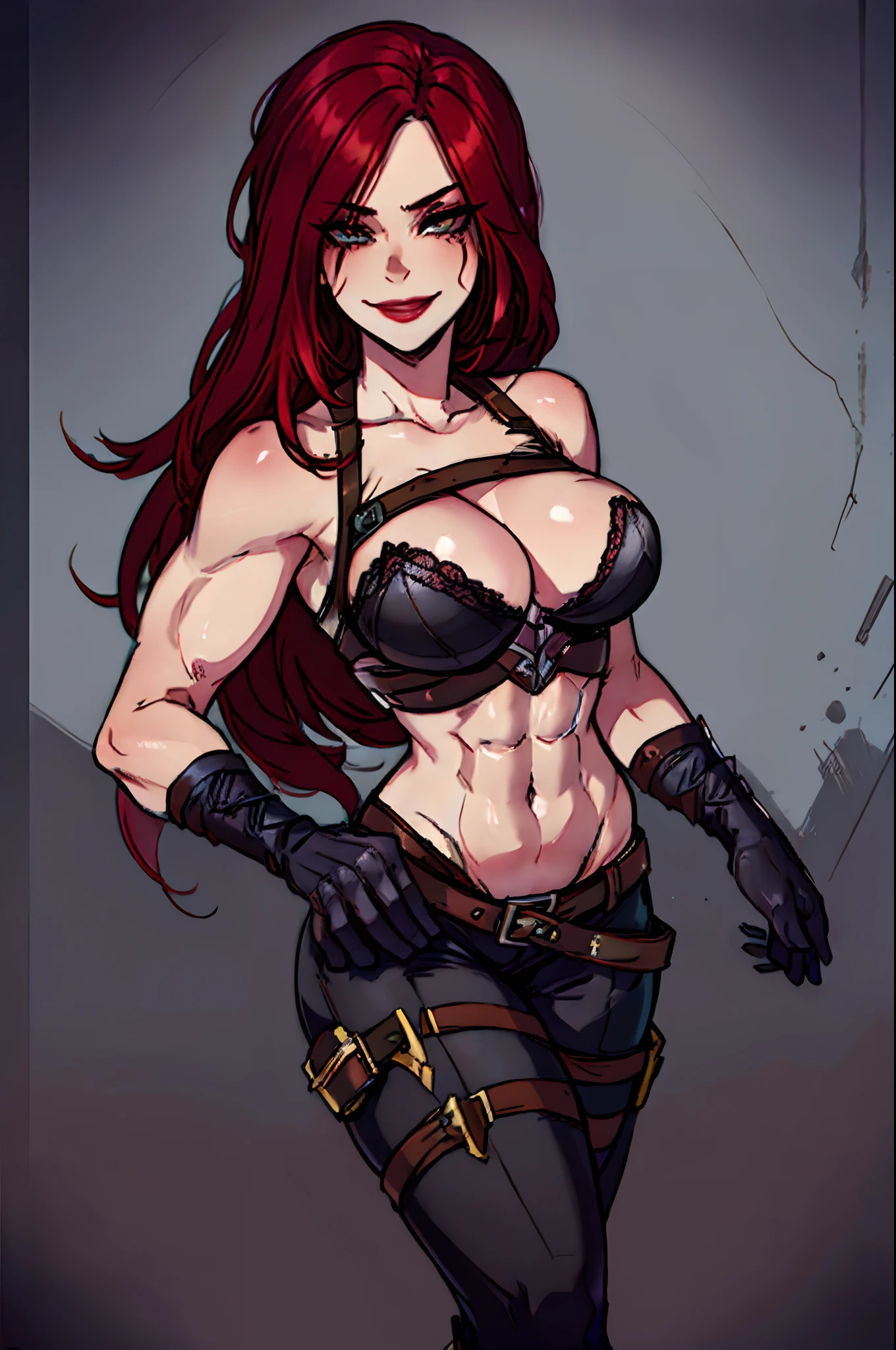 Masterpiece, best quality, (masterpiece, best quality)1.5, 1girl, solo, katarina, belly tattoo, black pants, knee-high lace-up boots, black gloves, harness, dual swords, long red hair, (large breasts:1.5), (toned body:1.5), smiling, smooth, face portrait