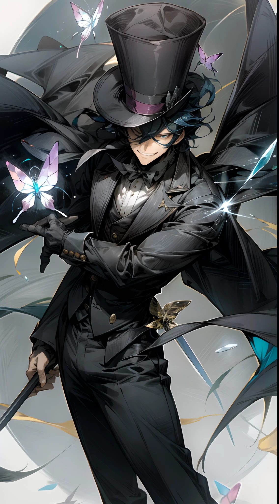 Man wearing a long top hat and a black suit and holds a cane with a hidden blade with crystal butterfly's circling him, anime style, smiling, scary