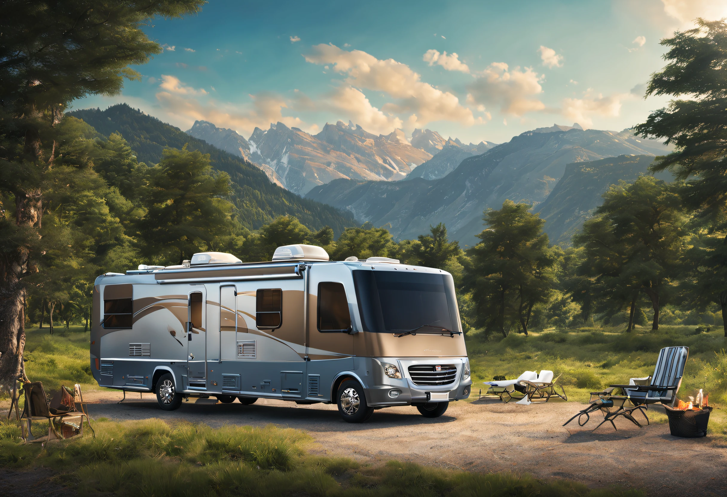 high resolution, masterpiece: 1.2, realistic, ultra-detailed, artistic, 4k, photorealistic, professional, sharp focus, physically based rendering, beautifully composed

Motorhome, luxurious, modern, spacious and comfortable, exterior with elegant design, satellite dish on the roof, large windows, chrome details, wide tires, shiny metallic paint, epic landscape in the background, open road leading to the mountains, the adventure awaits you, family trip, great getaway, quiet camping, roadside jungle, tropical trees, blue sky, lush green grass, barbecue party, cover installed outside the RV, chairs and table scattered everywhere ,smoke coming out of the grill, a family gathering, laughing and enjoying the moment,