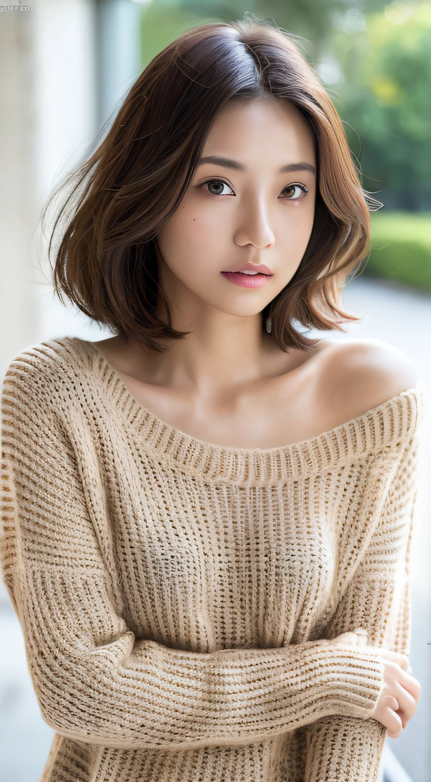 knit sweater, Sexy pose sculpture, (masutepiece:1.3), (8K, Photorealistic, Raw photography, Best Quality:1.4), (1girl in), Beautiful face, Realistic face, (Detailed face), Beautiful hairstyle, (detailed hairs), Realistic eyes, (Detailed eyes), Beautiful details, Realistic skin, Ultra high definition, A hyper-realistic,