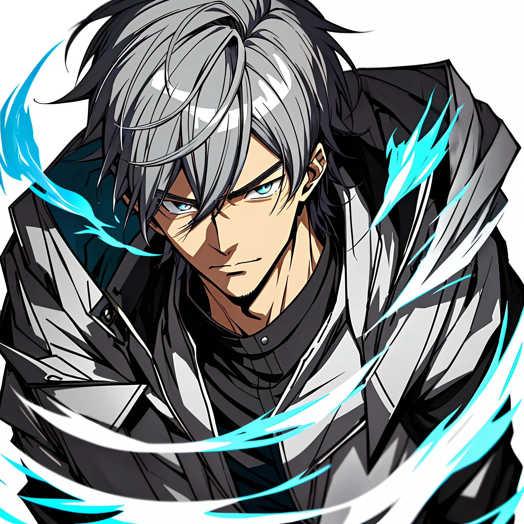 An anime image of a man with silver-gray hair wearing a black jacket and blue flame,blue color eyes, Shinkai sincerely, New Xiangcheng, Honest, ryuta ueda artwork, offcial art, Anime handsome man,
