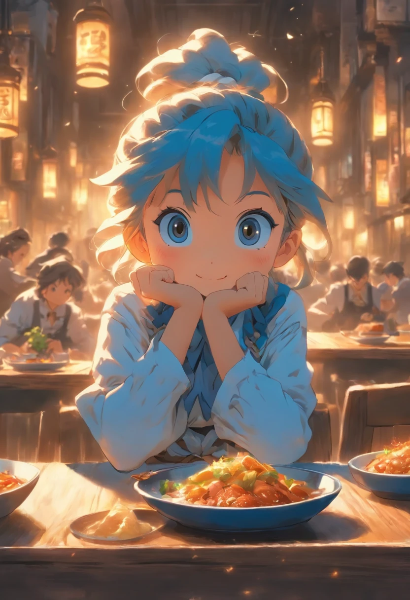 A sitting, There is a Western-style meal on the table,The restaurant is blue and white series,