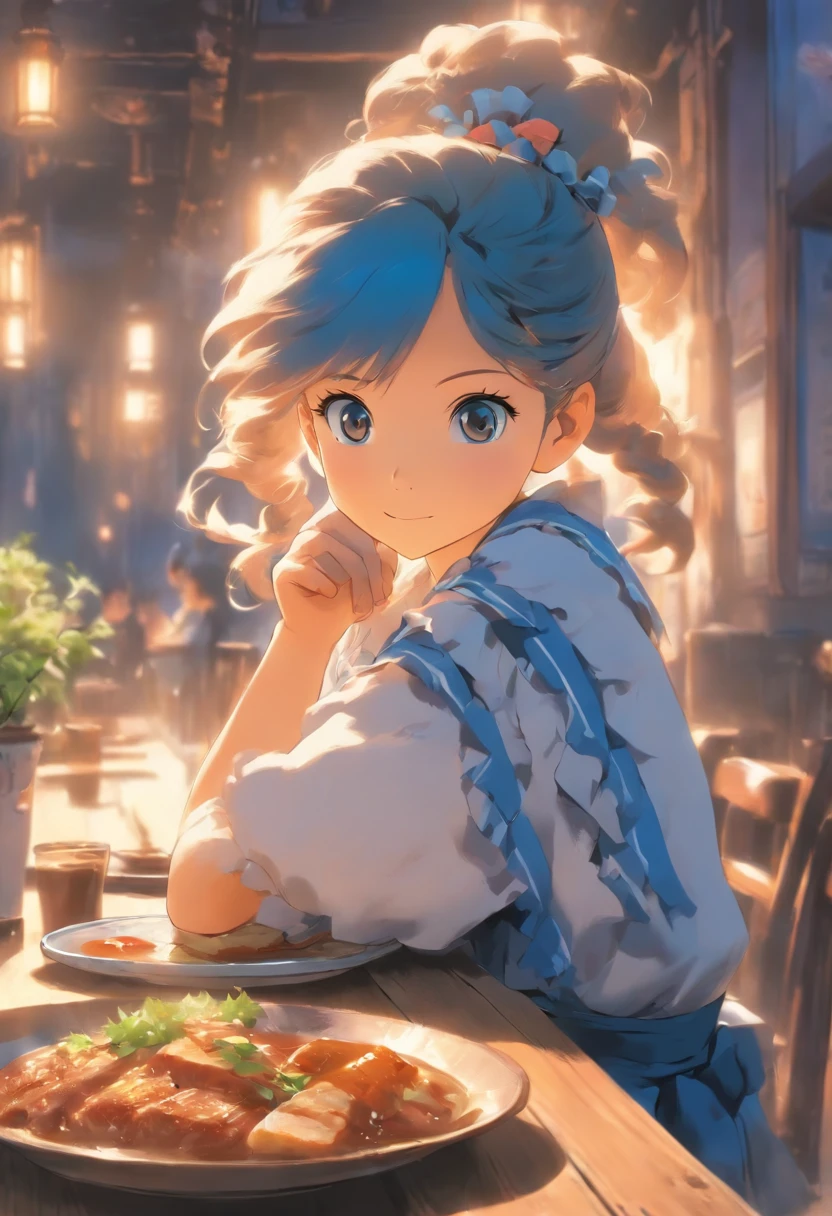 A sitting, There is a Western-style meal on the table,The restaurant is blue and white series,